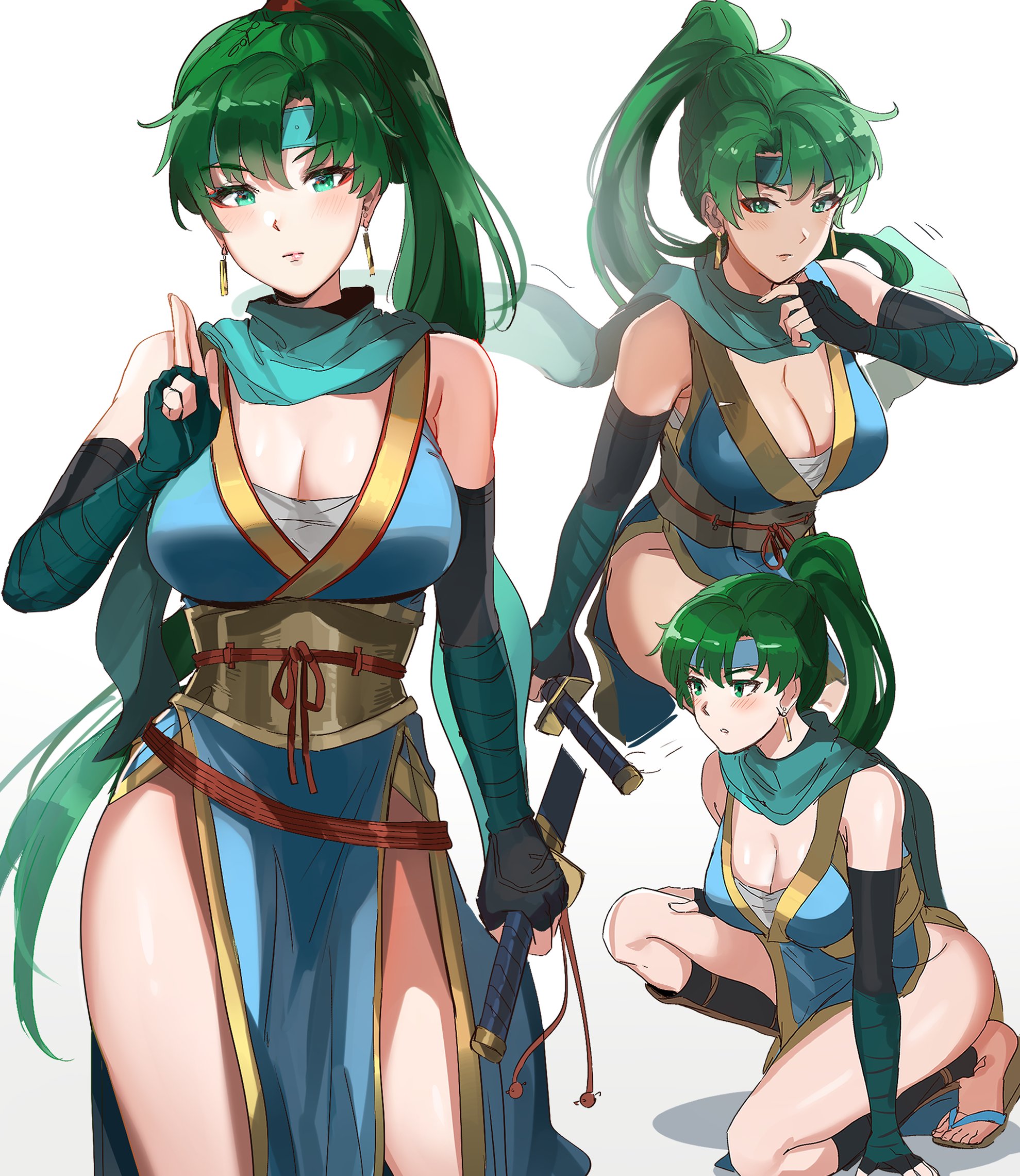 ormille, lyn (fire emblem), lyndis (fire emblem), fire emblem, fire emblem: the blazing blade, fire emblem heroes, nintendo, highres, bandaged arm, bandages, bangs, bare shoulders, big breasts, blue kimono, blue scarf, breasts, cleavage, closed mouth, earrings, elbow gloves, eyebrows visible through hair, female, fingerless gloves, fingers together, gloves, green eyes, green hair, headband, high ponytail, holding, holding sword, holding weapon, japanese clothes, jewelry, kimono, large breasts, long hair, looking at viewer, ninja, ninpo, obi, obijime, pelvic curtain, reverse grip, sarashi, sash, scarf, shin guards, sleeveless, sleeveless kimono, slippers, squatting, standing, sword, thighs, weapon, 