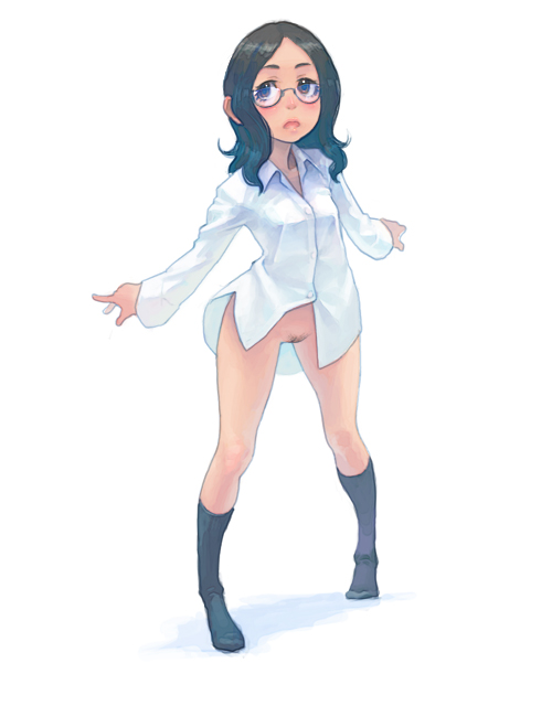 weno, character request, original, simple background, black hair, bottomless, brown eyes, dress shirt, female, footwear, glasses, human, long hair, naked shirt, pubic hair, shirt, socks, solo, standing, uncensored, 