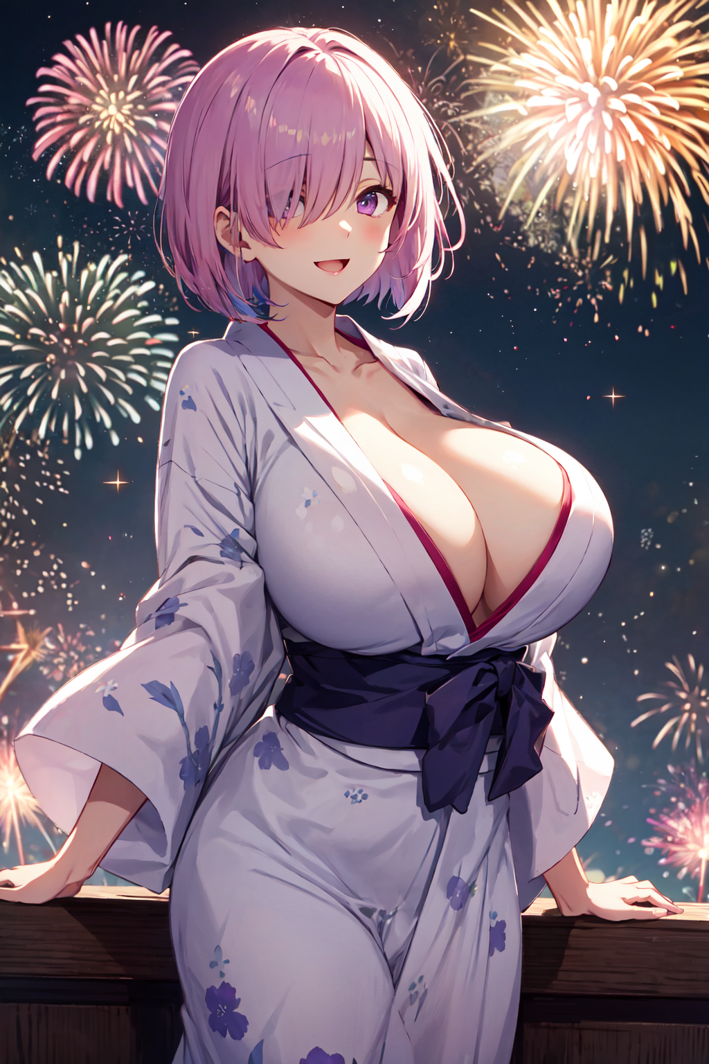 mash kyrielight, fate/grand order, fate (series), hi res, 1girls, ai generated, breasts, cleavage, female, hair over one eye, hips, huge breasts, light-skinned female, light skin, pink hair, purple eyes, short hair, stable diffusion, thick thighs, thighs, wide hips, yukata, 