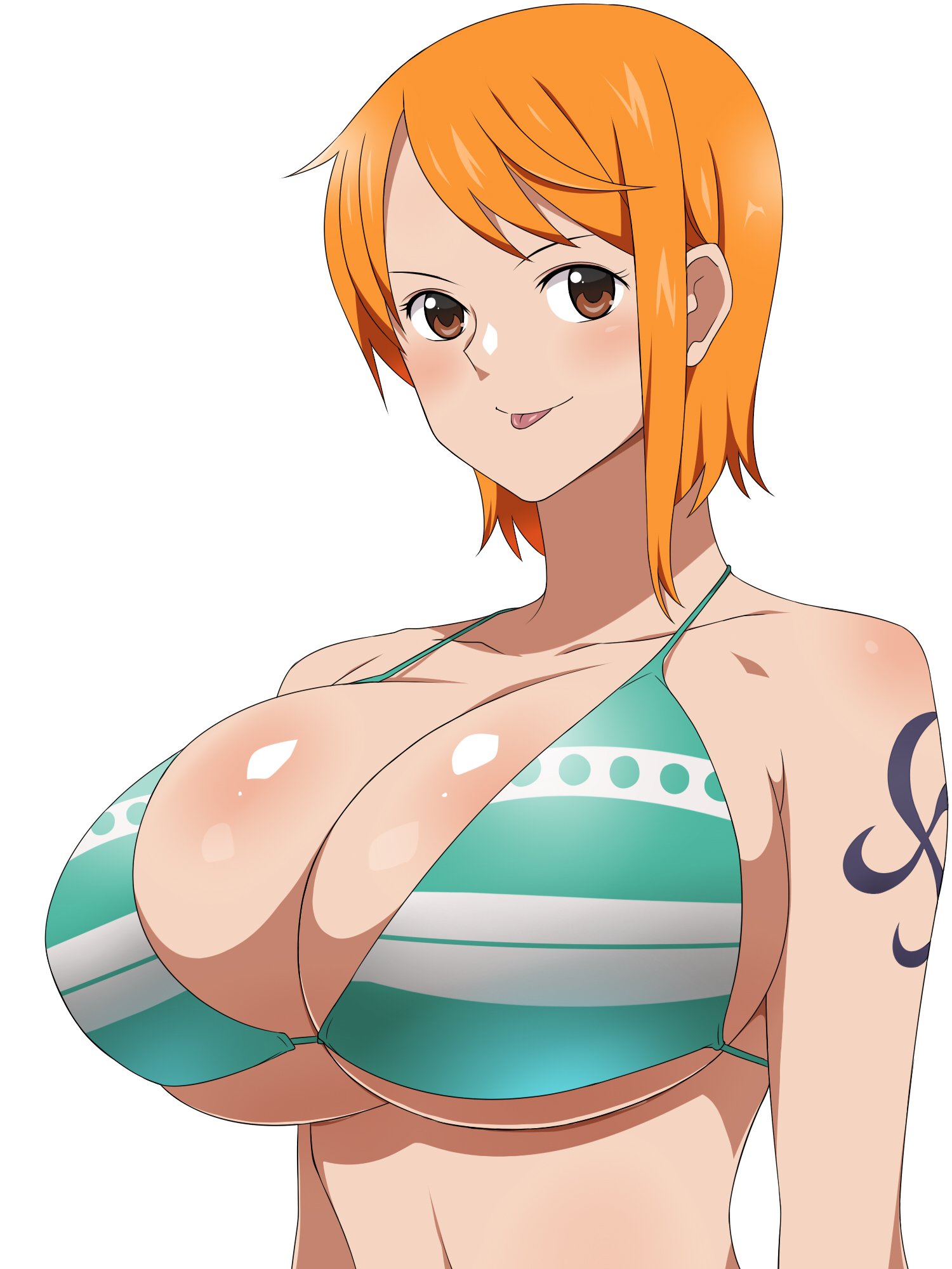 kagemusha, nami, one piece, shounen jump, highres, alone, bare shoulders, bikini, bikini top, blush, breasts, brown eyes, cleavage, female, huge breasts, large breasts, looking at viewer, orange eyes, orange hair, shiny, shiny skin, short hair, solo, swimsuit, tattoo, tongue, tongue out, upper body, 
