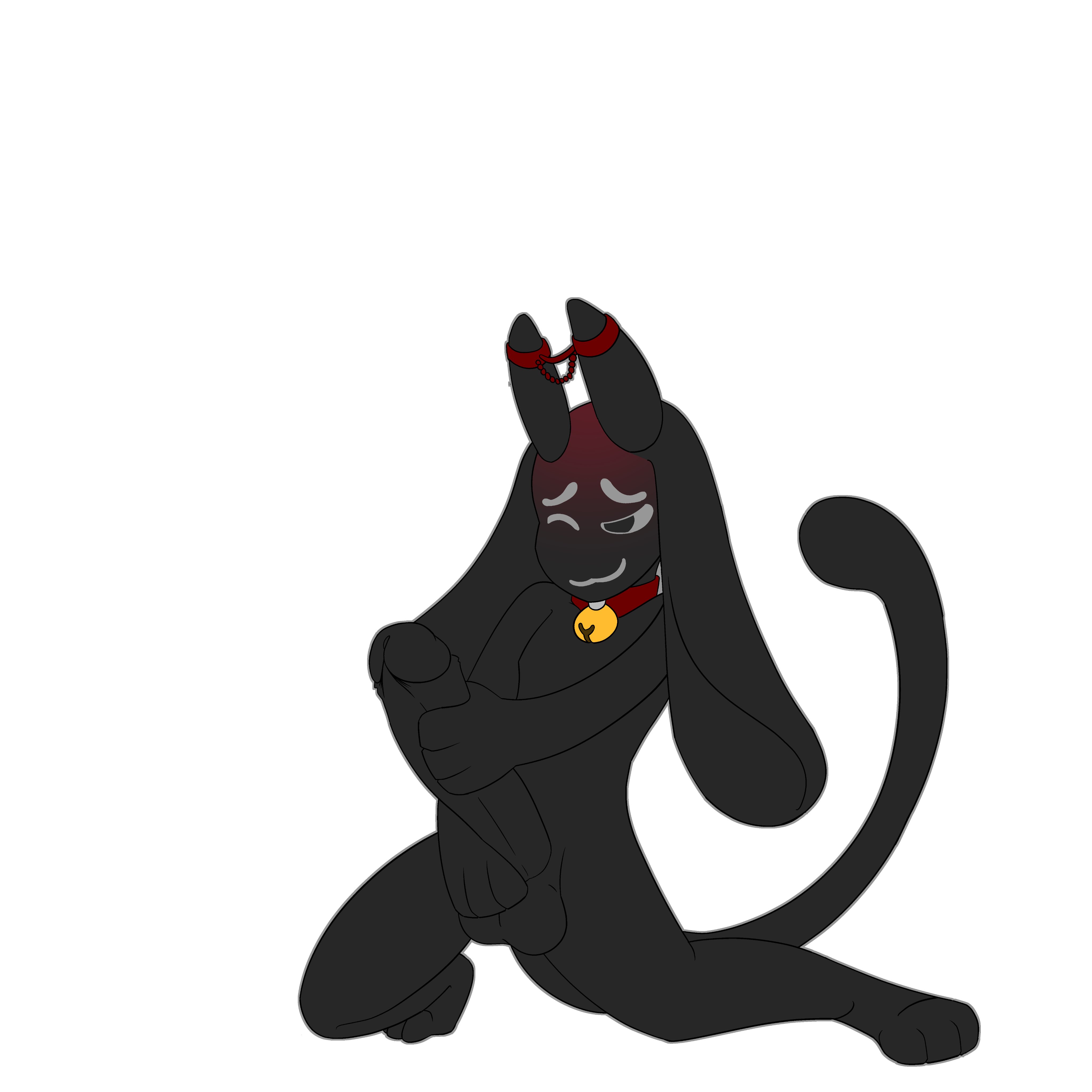 absurd res, hi res, simple background, white background, ;3, beano (itsmemtfo4), bell, bell collar, big penis, black body, collar, deepfriedlasereyes, demon, feline tail, genitals, horn, horn jewelry, imp, kneeling, long ears, long penis, masturbation, one eye closed, penis, two-handed masturbation, 