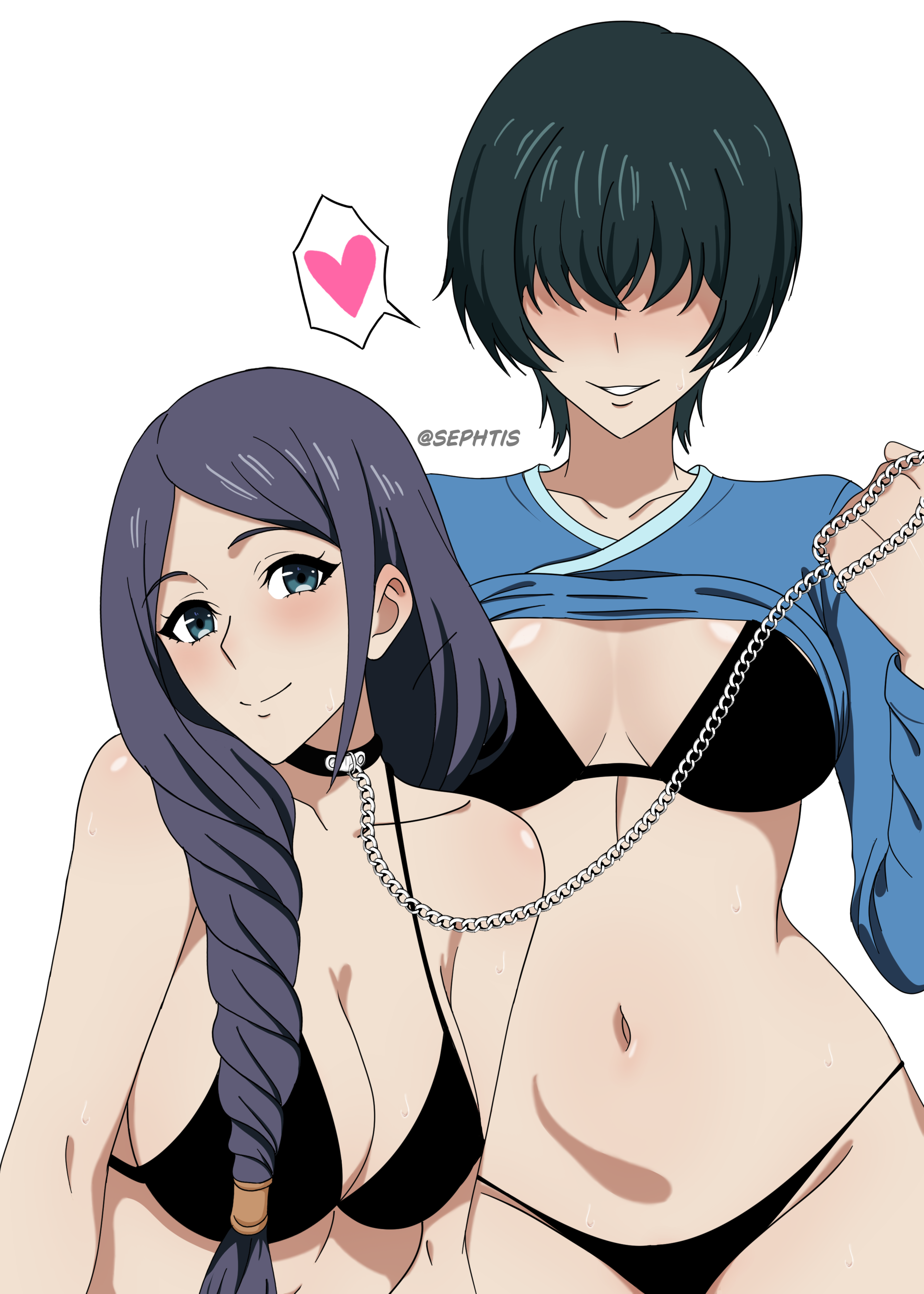 absurdres, highres, white background, 2girls, artist name, bikini, black bikini, blush, braid, breasts, chain leash, chains, cleavage, clothes lift, hair over eyes, han semi, heart, holding, holding chain, leash, long hair, looking at viewer, multiple girls, navel, purple hair, seo jiwoo, sephtis, shirt lift, short hair, single braid, solo leveling, string bikini, swimsuit, 