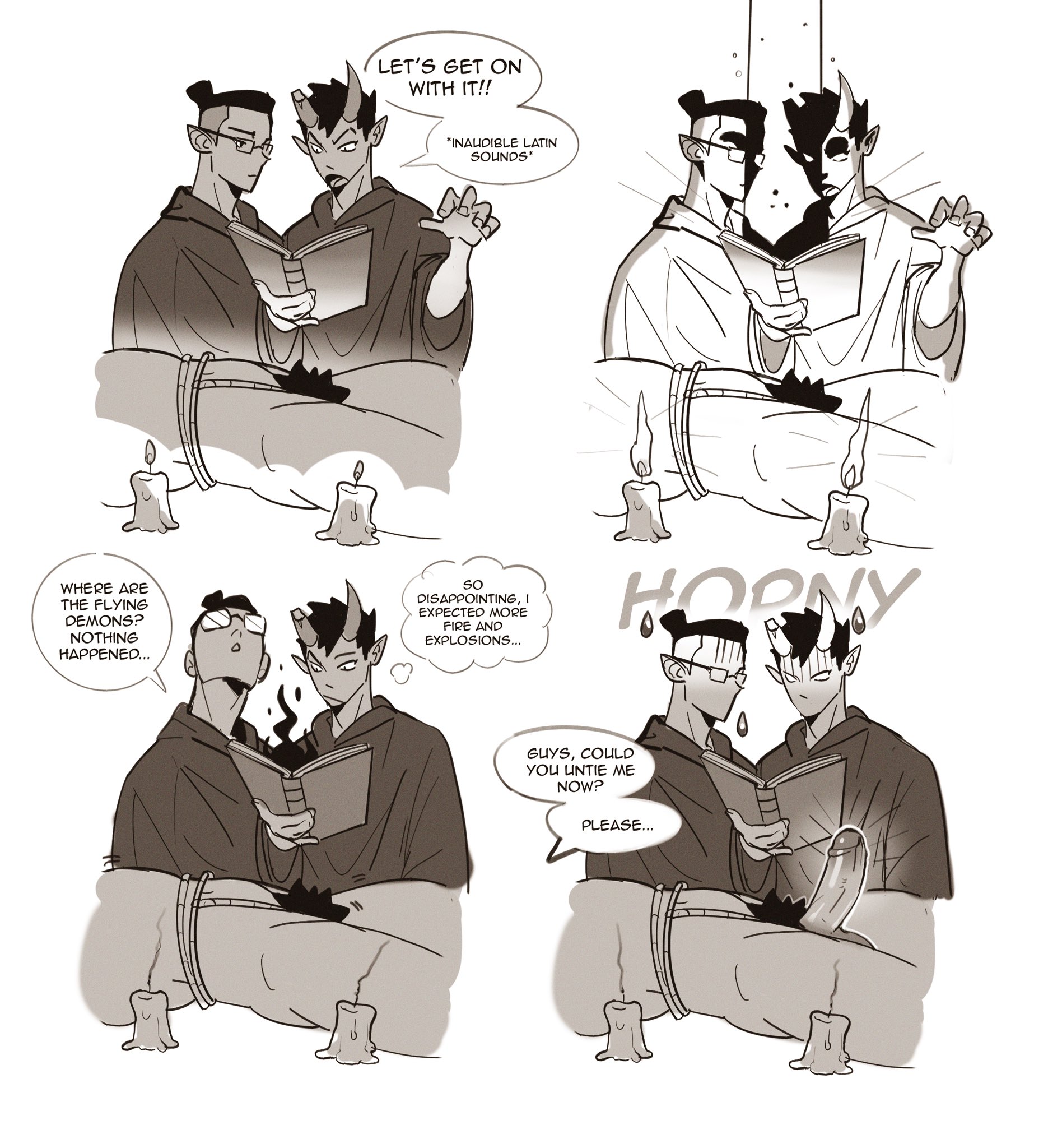 brian yu, damien lavey, monster prom, english text, white background, 3boys, candles, erect penis, erection, gay, hard on, liam delioncourt, monster, muscular, muscular male, padeliciouss/dantesrealm, penis, pubes, pubic hair, ritual, tied up, 