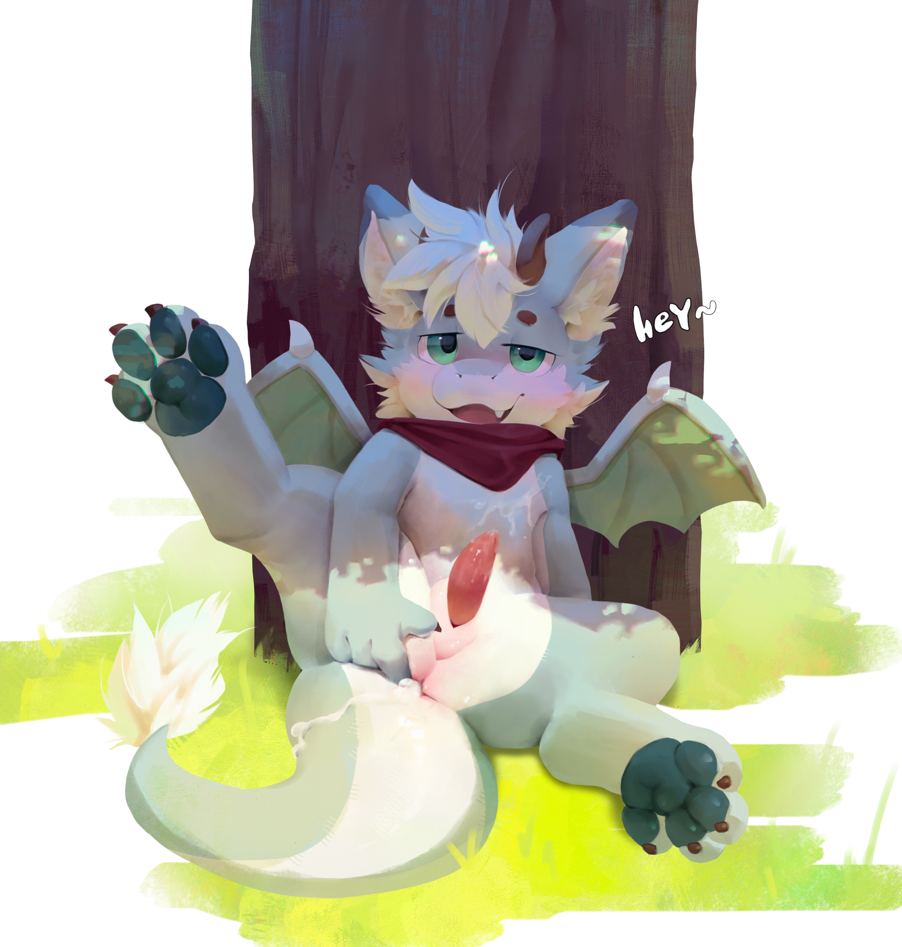 absurd_res animal_genitalia anthro anus ass blush bodily_fluids claws cum cum_inside cum_on_anus dragon genital_fluids genital_slit genitals hair hi_res humanoid inviting leaking_cum looking_at_viewer looking_pleasured lying male mythological_creature mythological_scalie mythology nude on_back pawpads paws penis presenting scalie scarf solo spread_anus spreading tail tongue white_hair wings zbernkastel