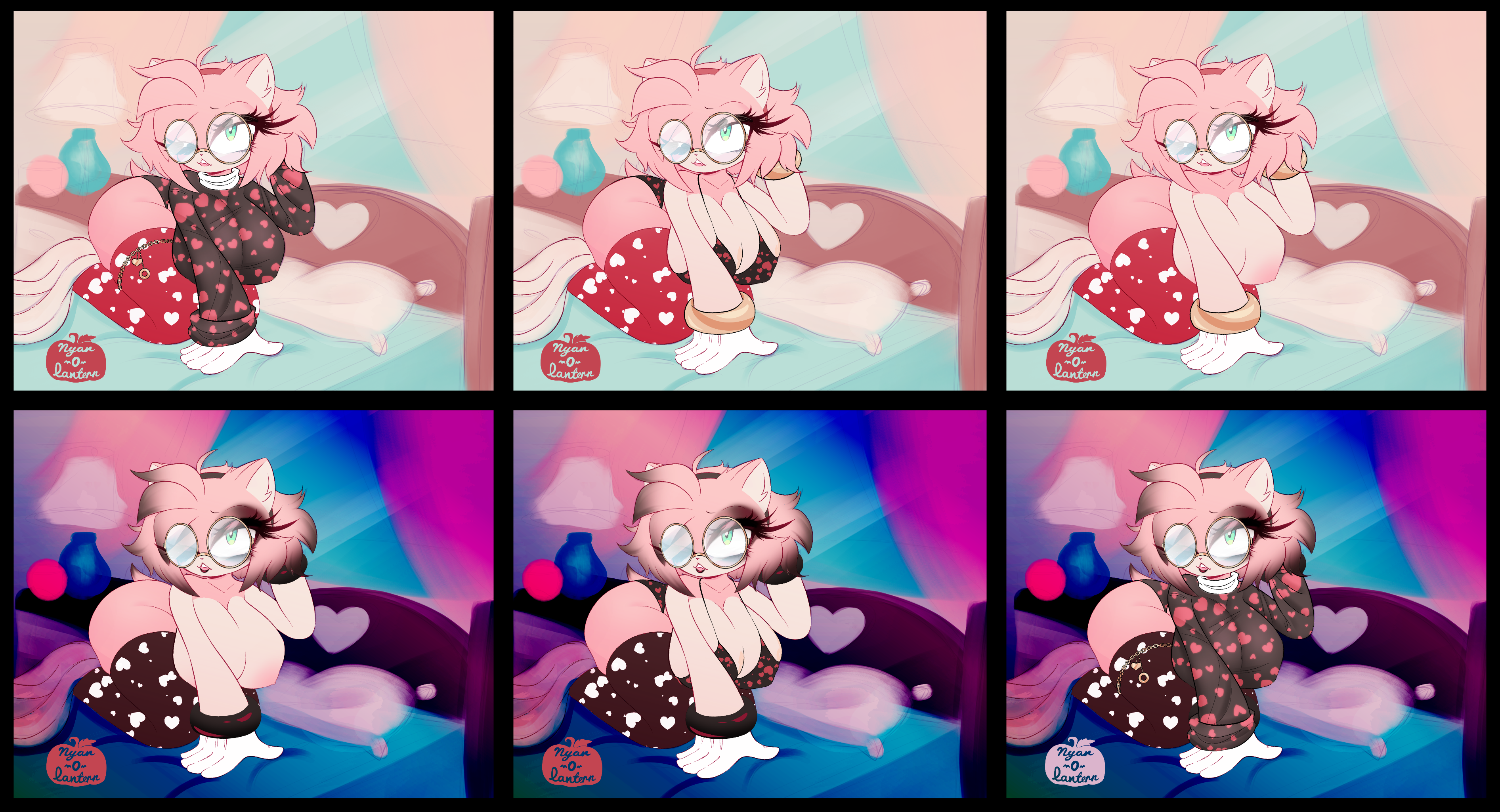 amy_rose ass bed bed_sheet bedding bedroom bedroom_eyes bikini bikini_bottom bikini_top breasts breasts_bigger_than_head breasts_out comfy cozy dyed_hair eyelashes eyeshadow eyewear female glasses gloves goth goth_girl gothified green_eyes large_ass large_breasts large_butt large_thighs lips lipstick mobian_(species) mobian_hedgehog multiple_images multiple_versions nipples nyan_o_lantern_(artist) panties pink_body pink_fur pink_hair round_glasses sonic_(series) sonic_the_hedgehog_(series) sweater sweater_only thigh_highs thighhighs thighs thong wink