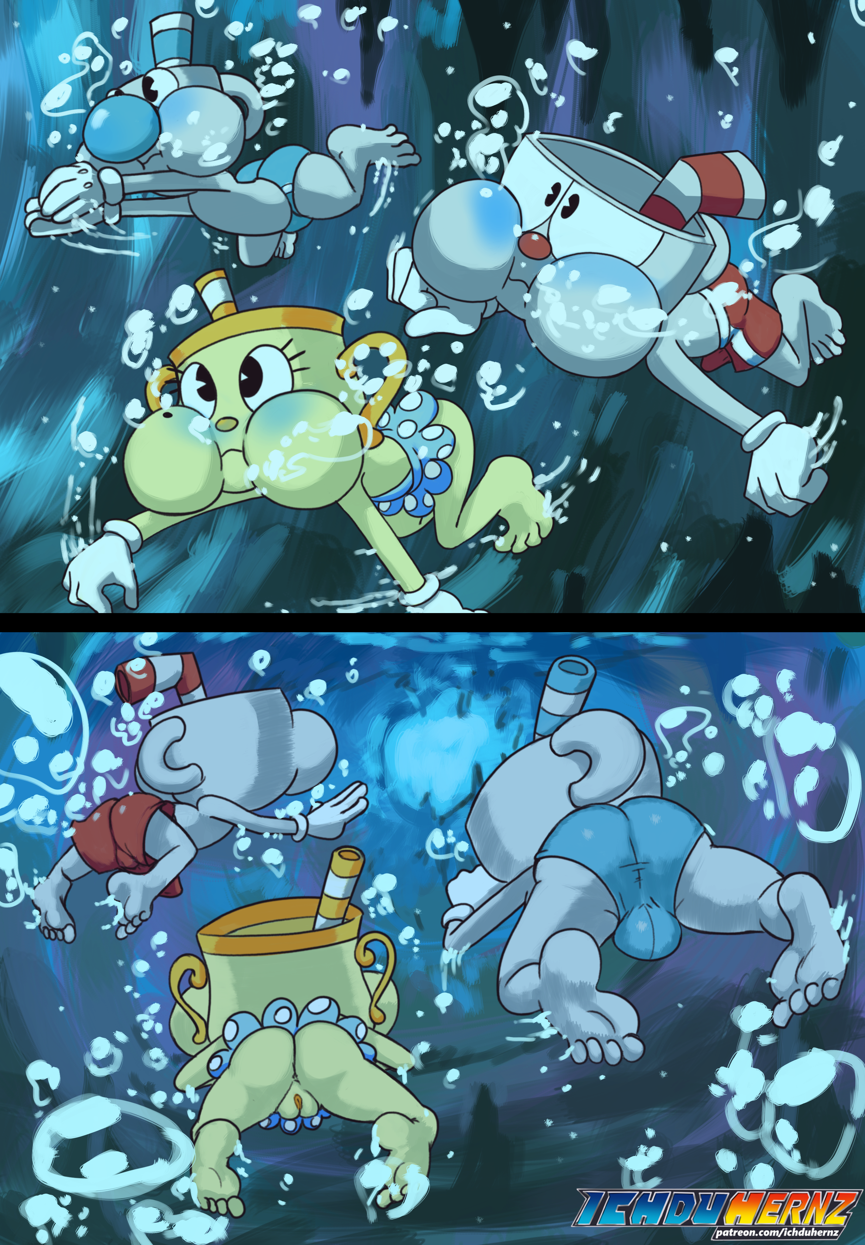 ichduhernz, cuphead (character), ms. chalice, mugman, cuphead (game), absur...