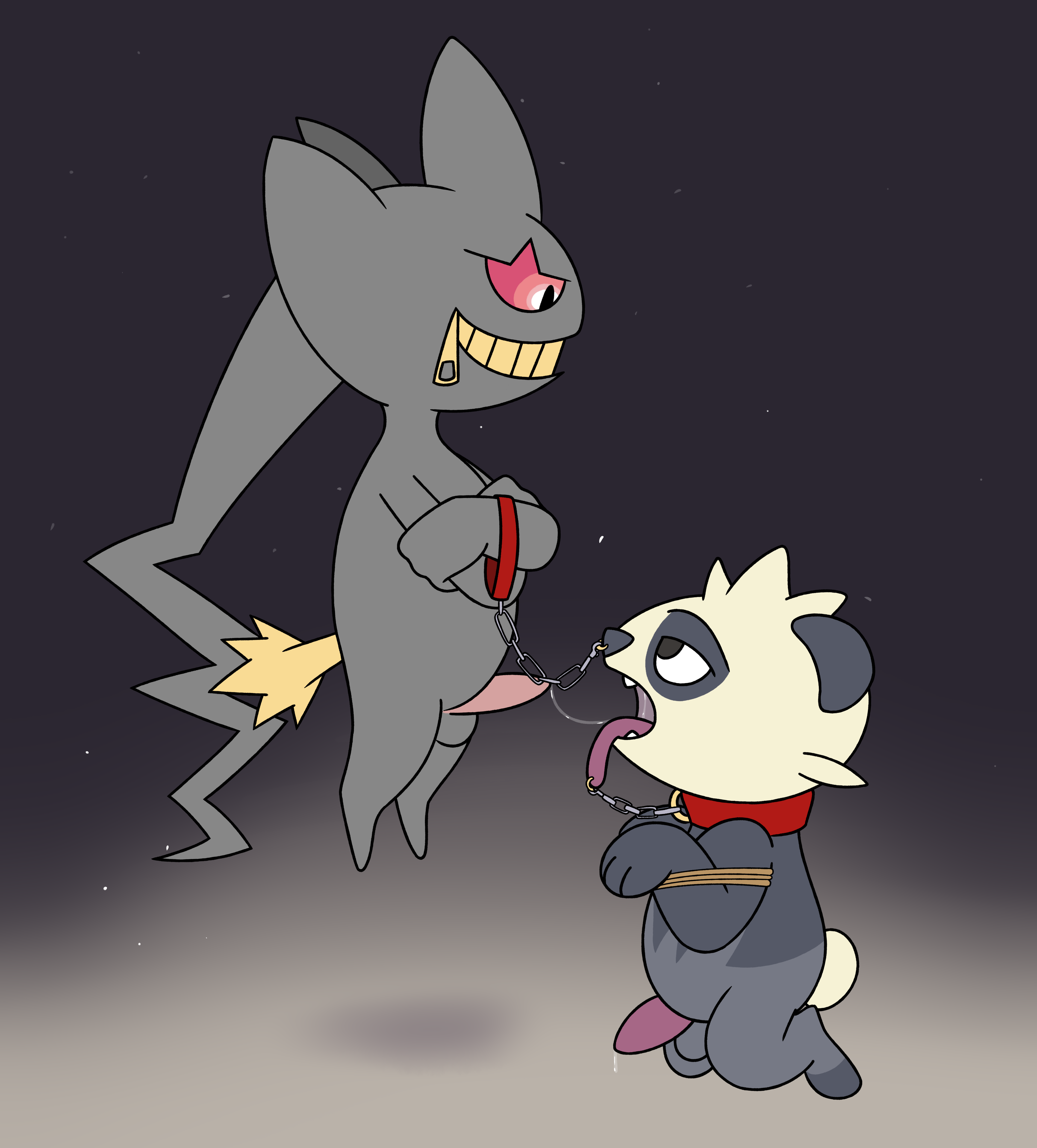 aaron_amethyst absurd_res anthro banette bodily_fluids bondage bound collar drooling duo facial_piercing generation_3_pokemon generation_6_pokemon genitals hi_res kneeling leash male male/male nintendo nose_piercing nose_ring open_mouth oral pancham penis piercing pokemon pokemon_(species) ring_piercing saliva smile tongue tongue_piercing zipper zipper_mouth