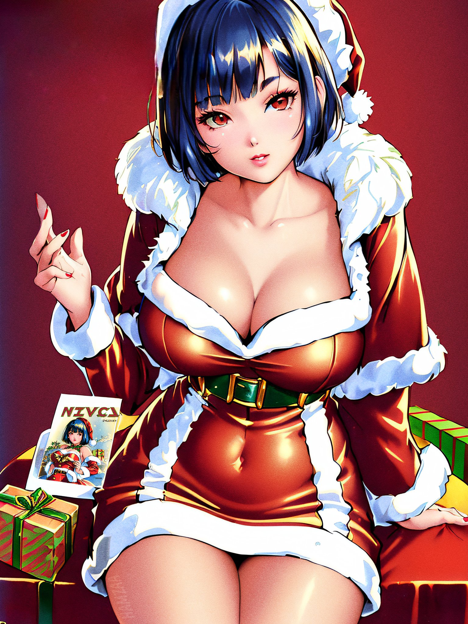 christmas, original, high resolution, highres, 2022, ai generated, big breasts, bulging breasts, looking at viewer, nai diffusion, short hair, stable diffusion, 