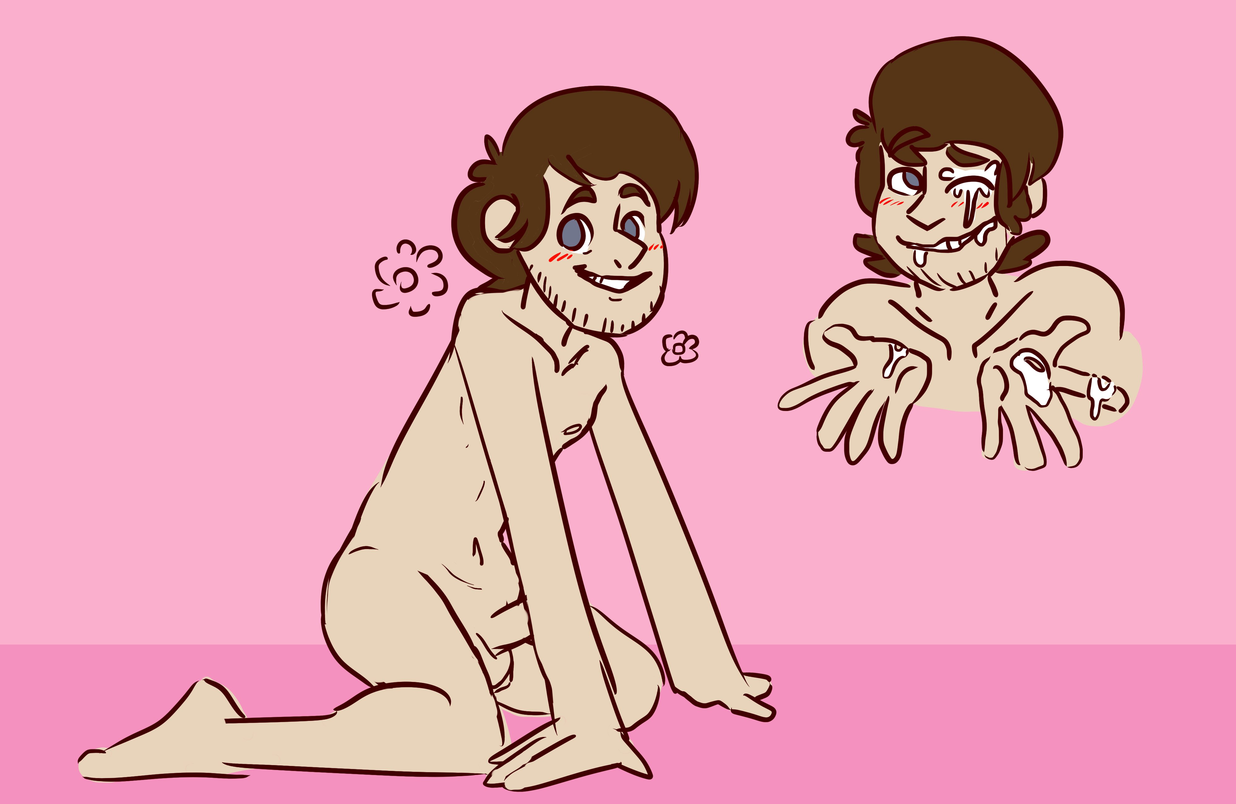 pink background, simple background, antoons, blue eyes, blush, brown hair, cum, cum on eye, cum on hands, feet, hands on ground, human, humanoid penis, kneeling, naked, navel, nipples, one eye closed, smile, tan skin, teeth, 