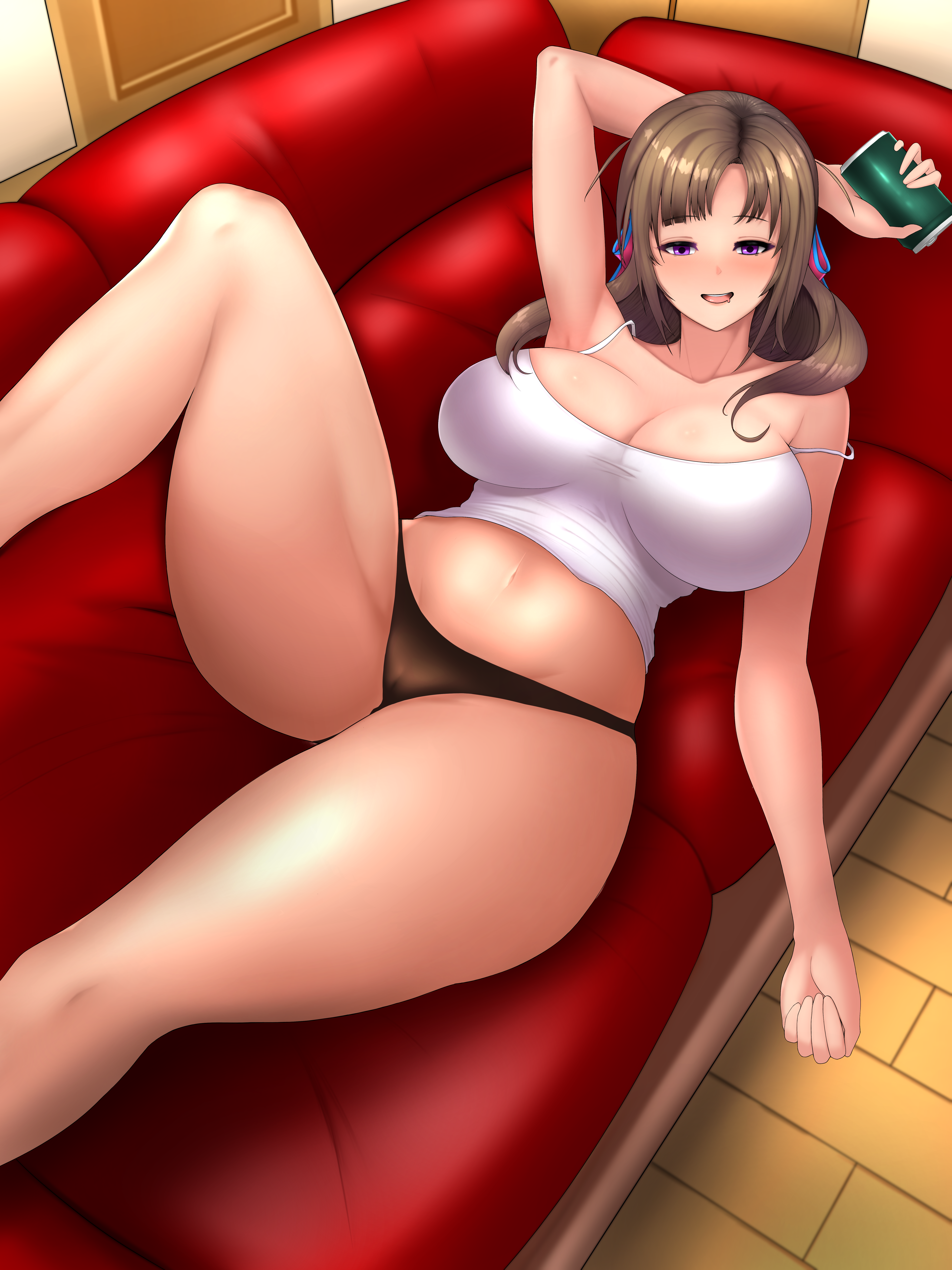 oosuki mamako, tsuujou kougeki ga zentai kougeki de ni-kai kougeki no okaasan wa suki desu ka?, absurd res, absurdres, alternate version available, high resolution, highres, 1girls, big breasts, black panties, blush, bottomwear, breasts, brown hair, cleavage, couch, crop top, drunk, female, female only, hair, half-closed eyes, holding drink, huge breasts, legs, mature, mature female, mature woman, milf, mother, panties, purple eyes, slave15, solo, solo female, thighs, topwear, white crop top, 
