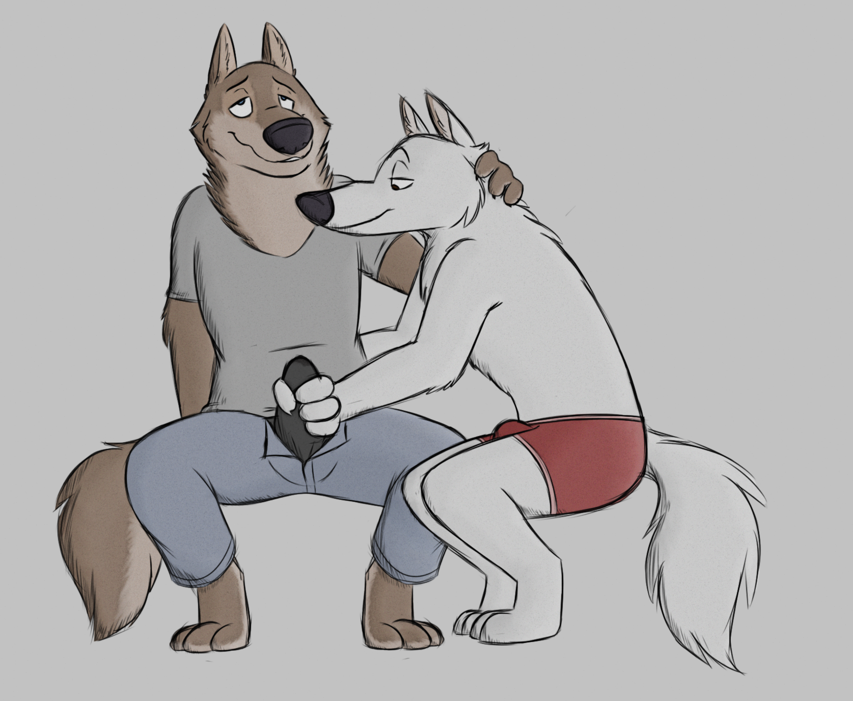 gary (zootopia), larry (zootopia), disney, zootopia, hi res, simple background, bottomwear, brown fur, bulge, canid, canine, canis, clothed, clothing, duo, fur, male, male/male, mammal, pants, penis, penis grab, shirt, sitting, skunkbutt (artist), topless, topwear, underwear, white fur, wolf, 