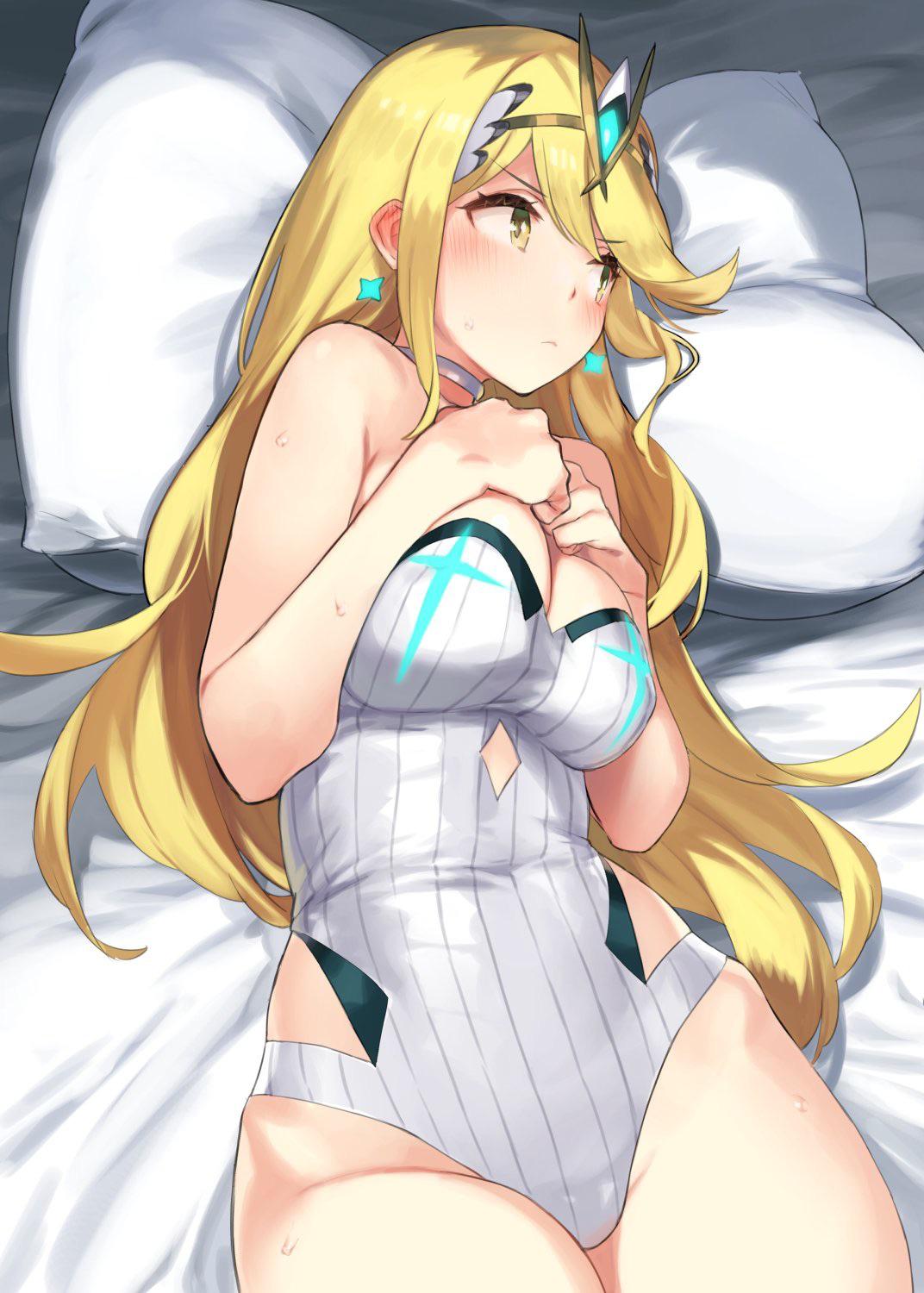 mythra, xenoblade chronicles 2, blush, breasts, yellow hair, 