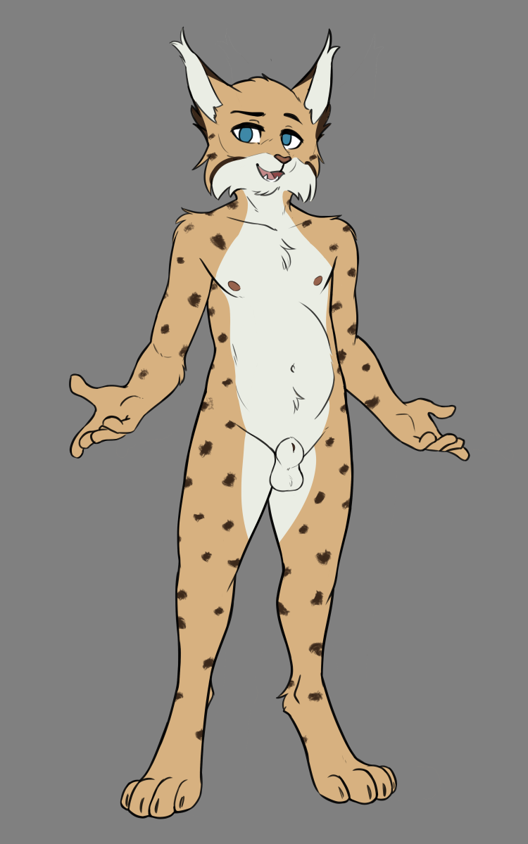 foxboy83, colored, digital media (artwork), flat colors, hi res, simple background, animal genitalia, anthro, balls, blue eyes, bob (vixen logic), bobcat, brown spots, cheek tuft, chest tuft, ear tuft, facial tuft, fangs, felid, feline, full-length portrait, fur, genitals, lynx, male, mammal, navel, nipples, nude, open mouth, pink nose, portrait, sheath, solo, spots, spotted body, spotted fur, standing, tan body, tan fur, teeth, tuft, white body, white fur, 