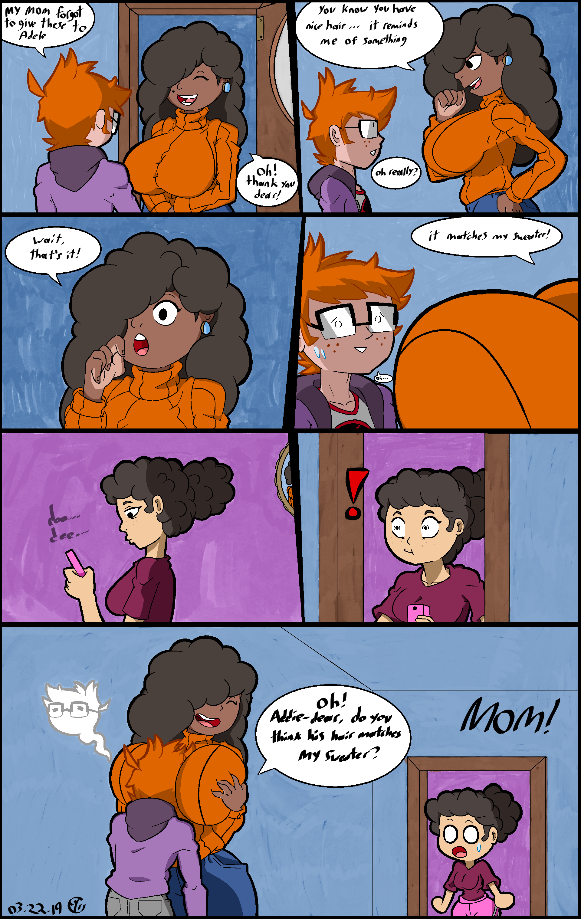 spindoctorng, wappah, adele williams (wappah), charlie austin (spin doctor), theresa williams (wappah), original, comic, 1boy, 2girls, dark-skinned female, earrings, freckles, ginger, glasses, hoodie, huge breasts, huge hair, light-skinned female, orange hair, orange sweater, pants, shirt, suprised, 