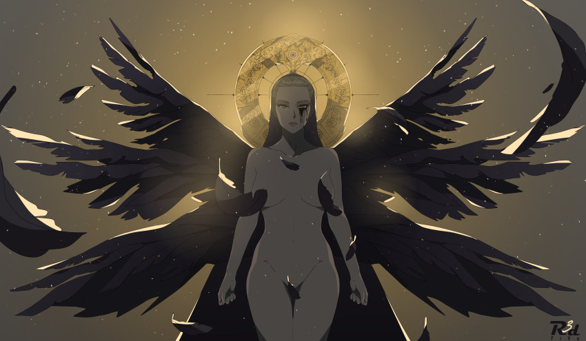 r3dfive, resident evil, highres, spoilers, watermark, 1girls, backlighting, black wings, blonde hair, breasts, breasts apart, convenient censoring, feathered wings, feathers, female, hair slicked back, looking at viewer, mother miranda (resident evil), multiple wings, mutant, navel, nude, resident evil 8: village, runny makeup, solo, standing, stomach, veil, wings, 
