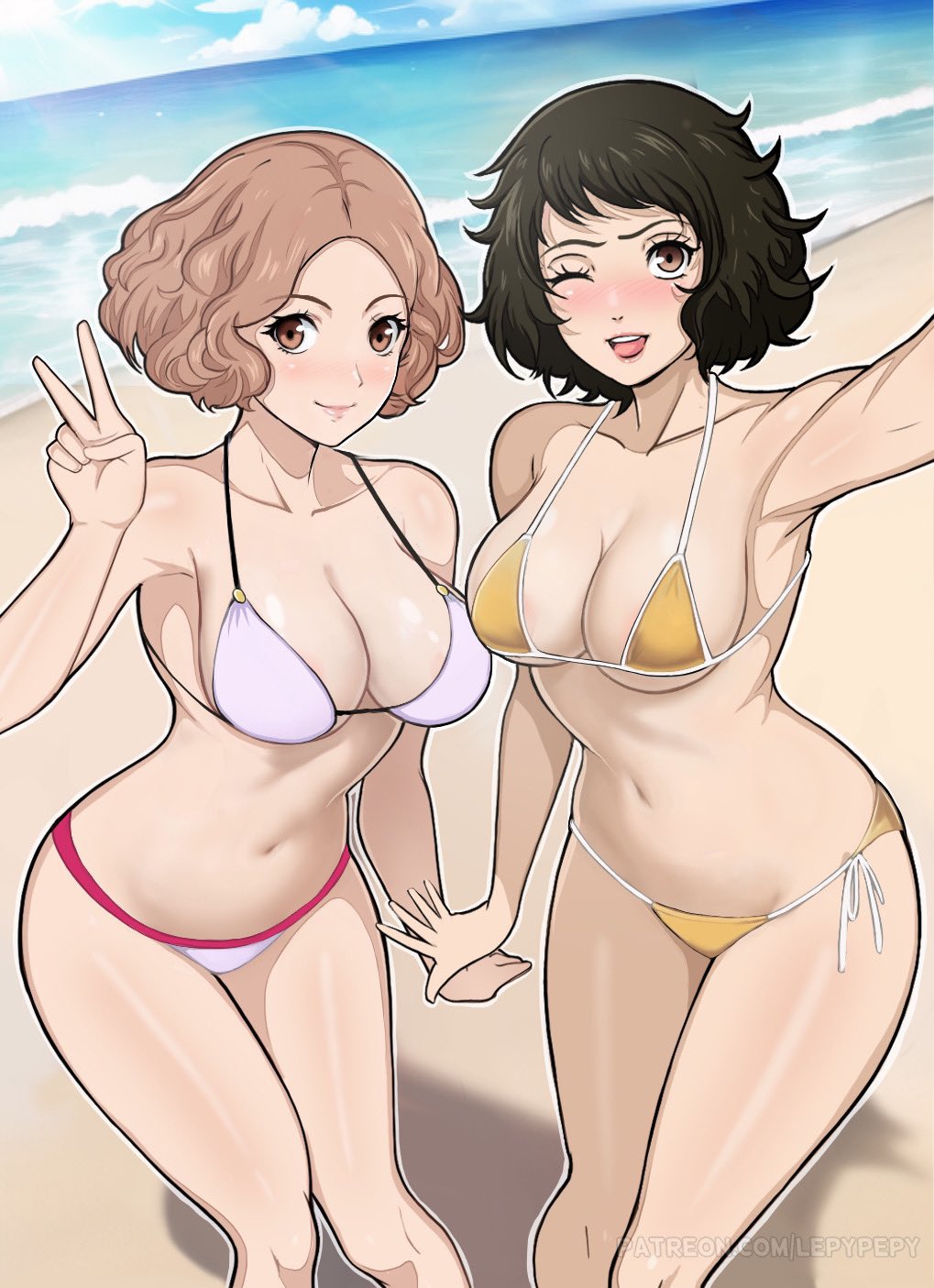 lepypepy, haru okumura, sadayo kawakami, atlus, persona, persona 5, 2girls, beach, bikini, breasts, brown eyes, brown hair, curly hair, female, large breasts, light-skinned female, light skin, outdoors, selfie, short hair, smile, thighs, 