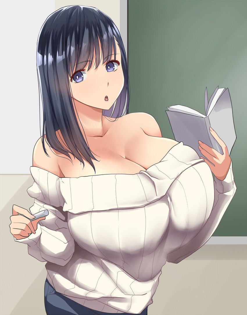 kloah, 1girls, bare shoulders, big breasts, black hair, blue eyes, blue hair, book, breasts, chalk, cleavage, eyelashes, female, female only, huge breasts, human, large breasts, looking at viewer, open mouth, purple eyes, shirt, standing, sweater, teacher, tongue, 