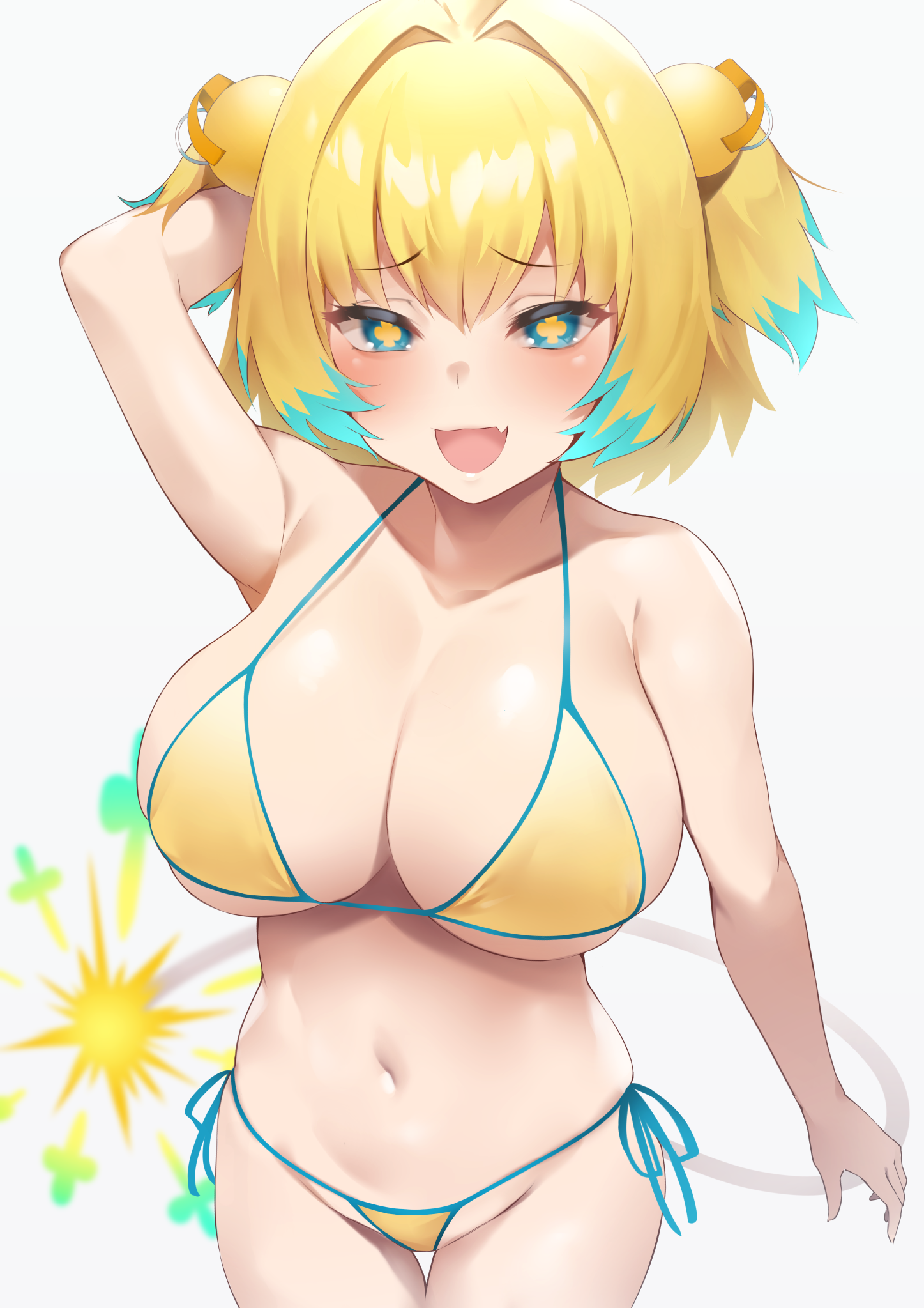 usa b, pine (bombergirl), bombergirl, simple background, white background, 1girls, 2021, arm up, belly button, bikini, blonde hair, blue eyes, blue hair, blush, breasts, cute fang, female, female focus, female only, huge breasts, looking at viewer, open mouth, short hair, side-tie bikini, smile, symbol-shaped pupils, thick thighs, thighs, two tone eyes, two tone hair, unusual pupils, yellow bikini, 