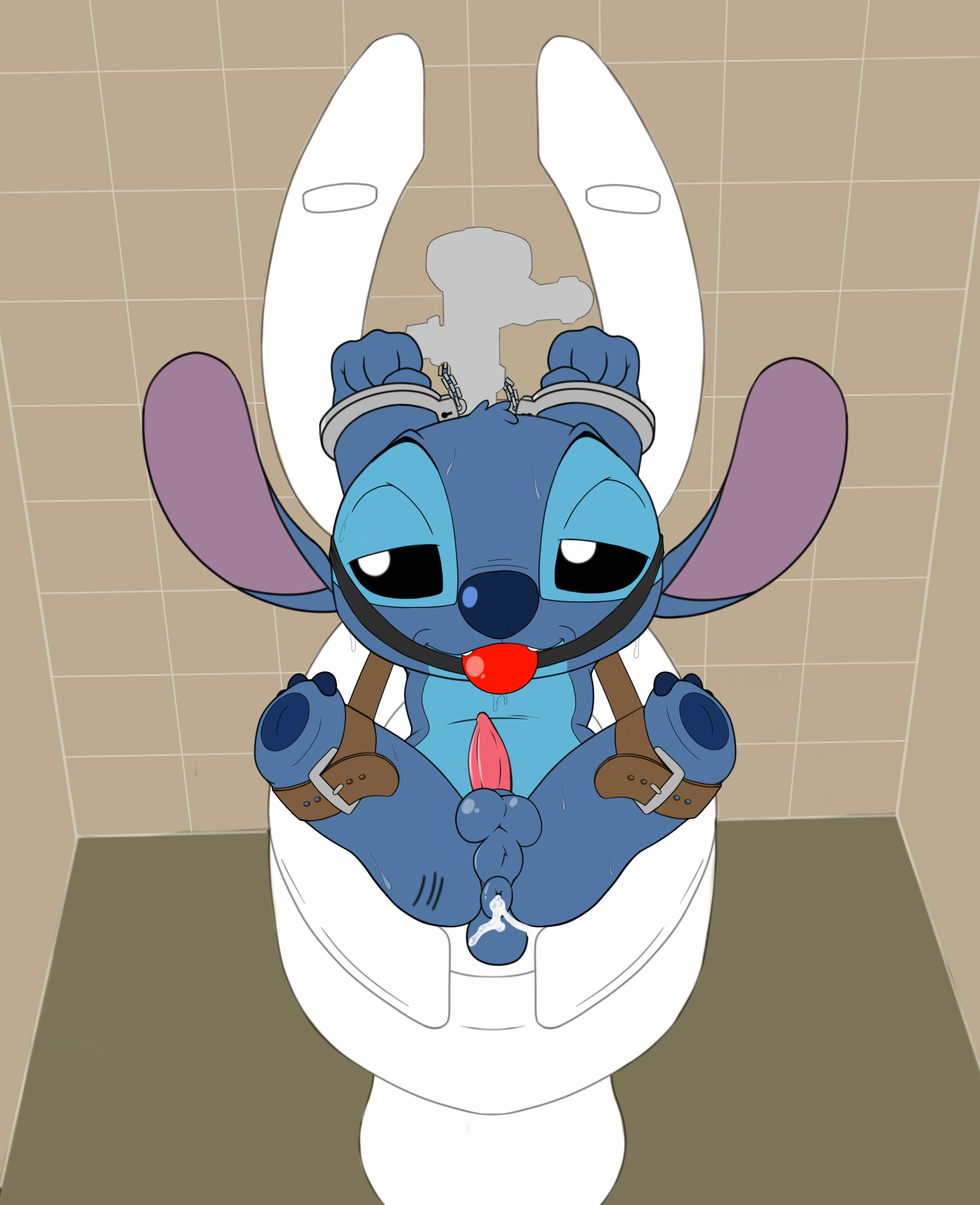 theoryofstrings, experiment (species), stitch, disney, lilo and stitch, 2019, absurd res, hi res, 4 fingers, after sex, alien, anus, ball gag, balls, bathroom, black eyes, blue fur, blue nose, blue pawpads, cum, cum in ass, cum inside, fur, gag, half-closed eyes, handcuffs, head tuft, looking at viewer, male, male only, pawpads, penis, presenting, public use, puffy anus, shackles, small tail, smile, solo, sweat, toilet, tuft, 
