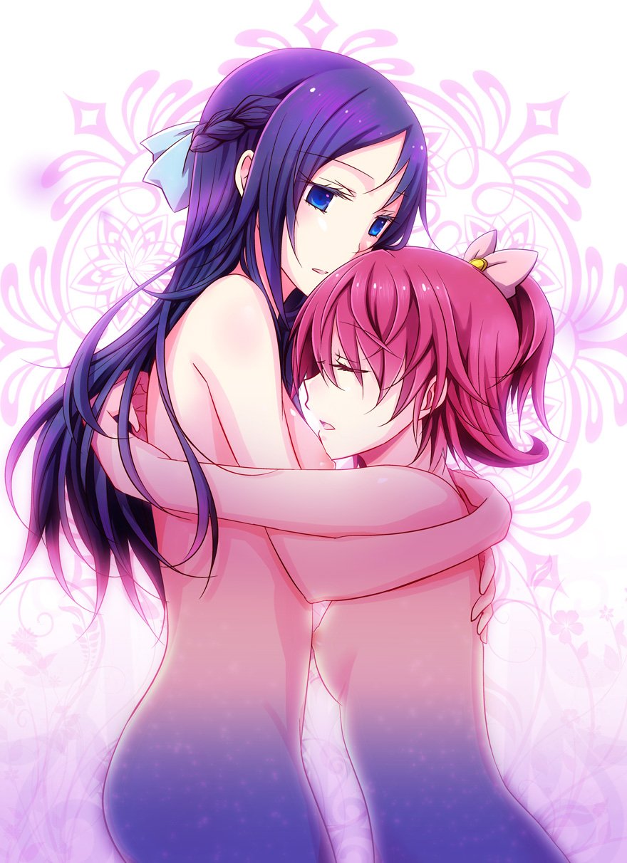 isya, aida mana, hishikawa rikka, dokidoki! precure, precure, highres, blue eyes, blue hair, braid, closed eyes, female, female only, hair ribbon, hug, human, long hair, multiple females, nipples, nude, pink hair, ribbon, short hair, small breasts, solo, tied hair, yuri, 