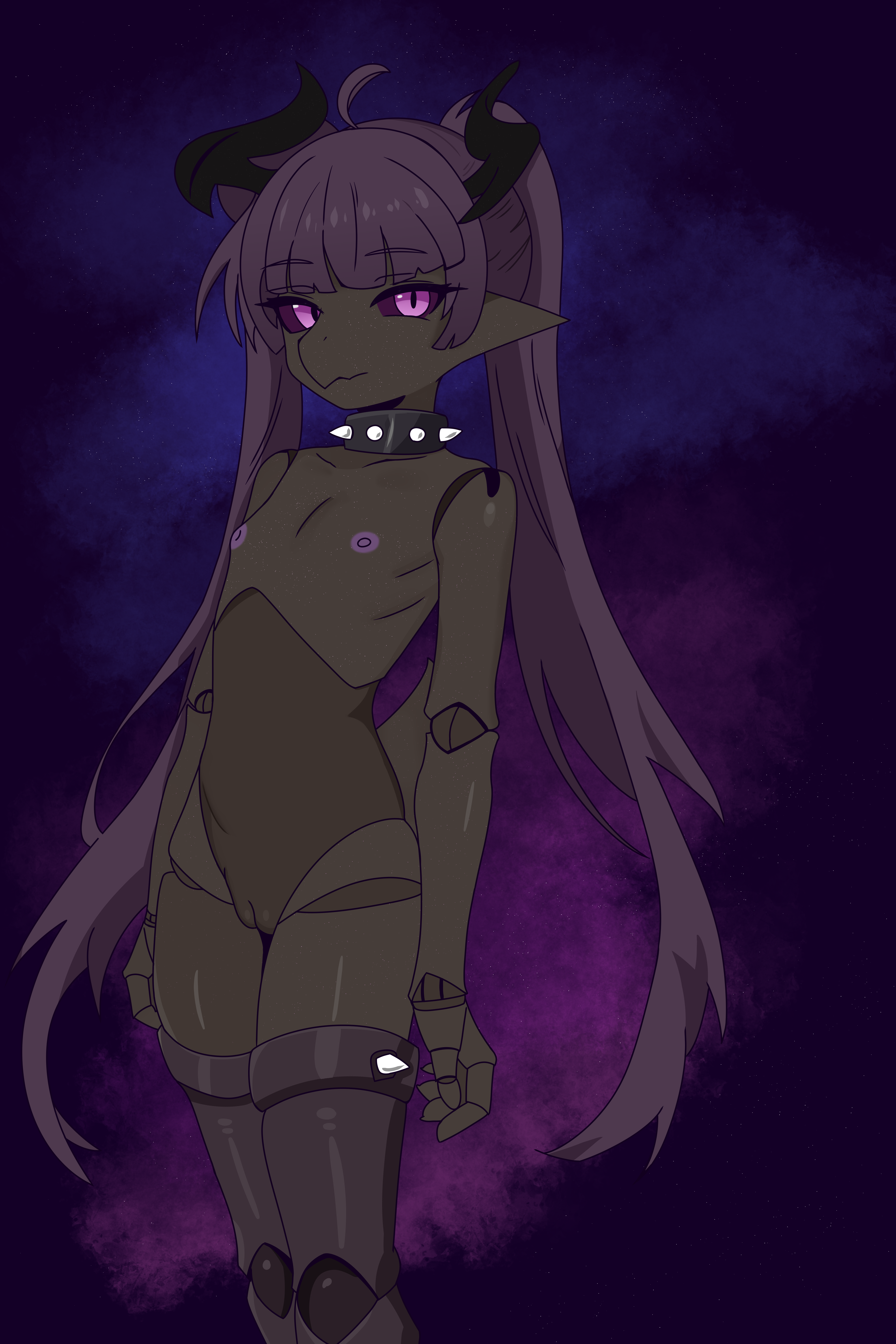 2:3 absurd_res animate_inanimate anthro areola biped brown_body brown_skin cel_shading collar doll_joints e10109 female flat_chested genitals hair hi_res horn kobold nebula nipples pink_eyes porcelain purple_eyes purple_hair purple_nipples purple_sclera scalie shaded snout solo space spiked_collar spikes spikes_(anatomy) tail twintails_(hairstyle) vulva xo_(e10109)