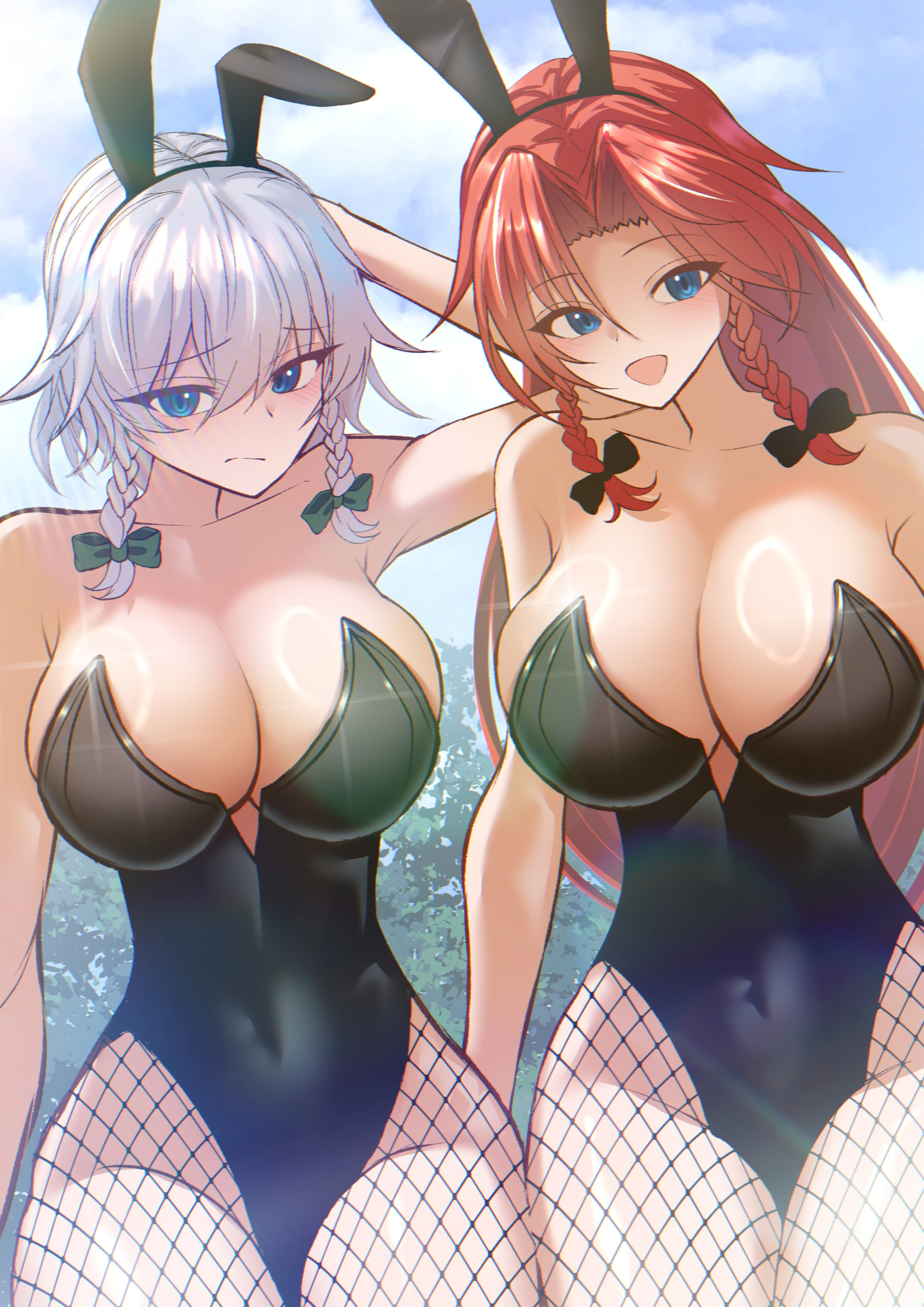 :d arm_behind_head armpit belly belly_button belly_button_visible_through_clothing big_breasts big_chest big_thighs black_bunny_ears black_bunnysuit black_leotard black_ribbon black_ribbons blue_sky blush blush_lines blushing_at_viewer blushing_female blushing_lines braid braided_ribbon breasts bunny_ears bunnysuit chest cloud clouds fake_animal_ears green_ribbons high_resolution hips hong_meiling izayoi_sakuya leotard light-skinned_female light_skin long_hair long_red_hair mommy mommy_milkers net_stockings pink_tongue reflection reflective reflective_body reflective_clothing reflective_hair reflective_skin revealing_breasts revealing_clothes revealing_clothing revealing_outfit ribbon ribbons sakuya_izayoi sexy sexy_body sexy_female short_hair short_white_hair shy shy_expression shy_female smile smiling smiling_at_viewer sun_rays sunny sunny_day thick_hips thighs tofuandsoup tongue touhou touhou_project tree trees tummy twin_braids two_females two_women upscaled waifu2x