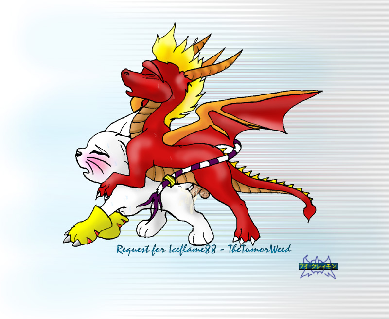 gatomon, digimon, spyro the dragon, color, 1girls, dragon, female, flame, fur, furry, interspecies, male, side view, single male, straight, 