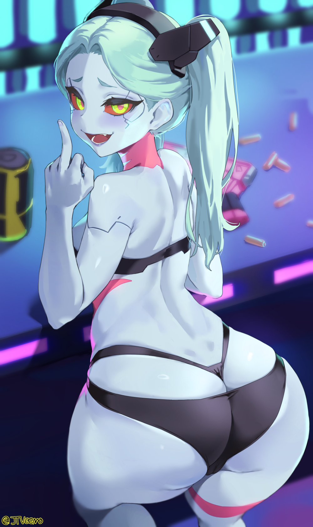 jtveemo, cyberpunk 2077, studio trigger, artist signature, 1girls, ass, back, back view, bottom heavy, breasts, bubble butt, cd projekt red, cybernetics, cyberpunk: edgerunners, female, green hair, hips, huge ass, indoors, long hair, rebecca (edgerunners), red eyes, slim waist, small breasts, thick thighs, thighs, twintails, wide hips, 