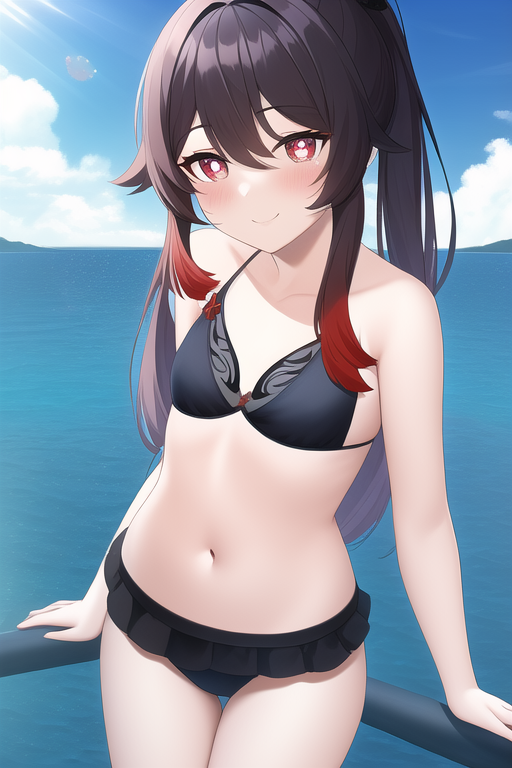 ai generated, bikini, blush, brown hair, female, female only, genshin impact, hu tao (genshin impact), looking at viewer, mihoyo, nai diffusion, petite, ponytail, red eyes, small breasts, smile, stable diffusion, swimwear, 
