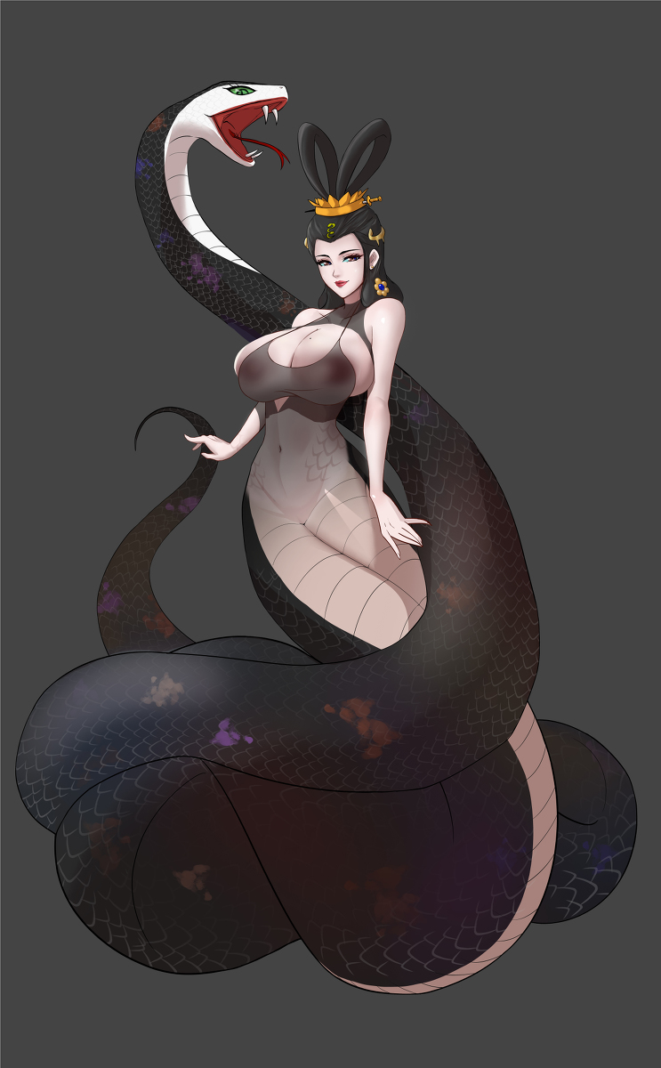 oc, original character, original, asian clothing, brown eyes, brown hair, chinese clothes, hair ornament, lamia, long hair, mian mian mian mian, monster girl, naga, pale skin, see-through clothing, see-through top, smile, snake, snake girl, 