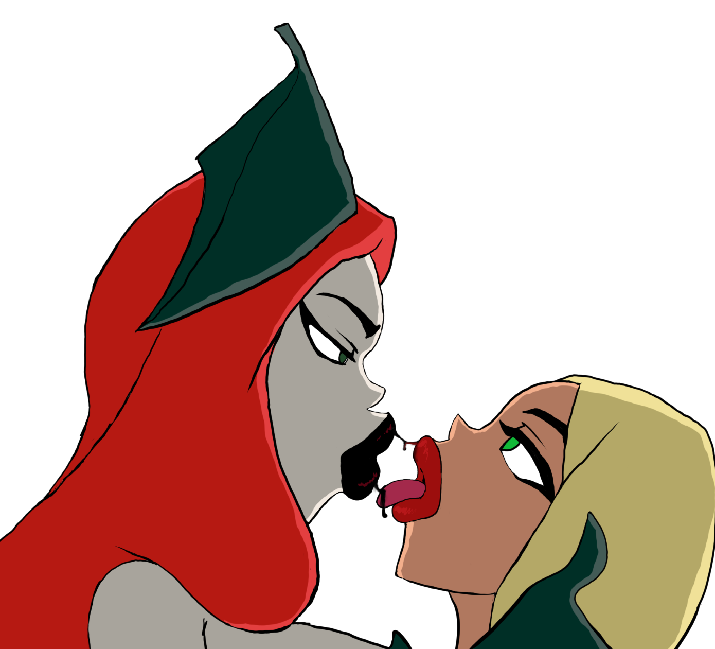 kara danvers, kara zor-el, pamela isley, poison ivy, supergirl, dc, dc comics, justice league action, 2girls, black lipstick, kissing, nekomajinheika, thick lips, tongue out, yuri, 
