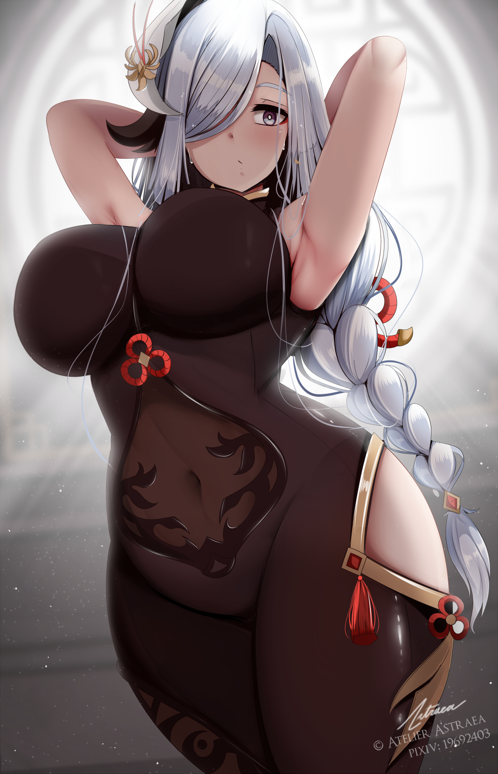 artist signature, simple background, 1girls, 2022, armpits, arms behind head, arms up, astraea (atelierastraea), belly button, bodystocking, breasts, clothed, clothed female, female, female only, genshin impact, hair over one eye, hips, huge breasts, long hair, shenhe (genshin impact), slim waist, thick thighs, thighs, white hair, wide hips, 