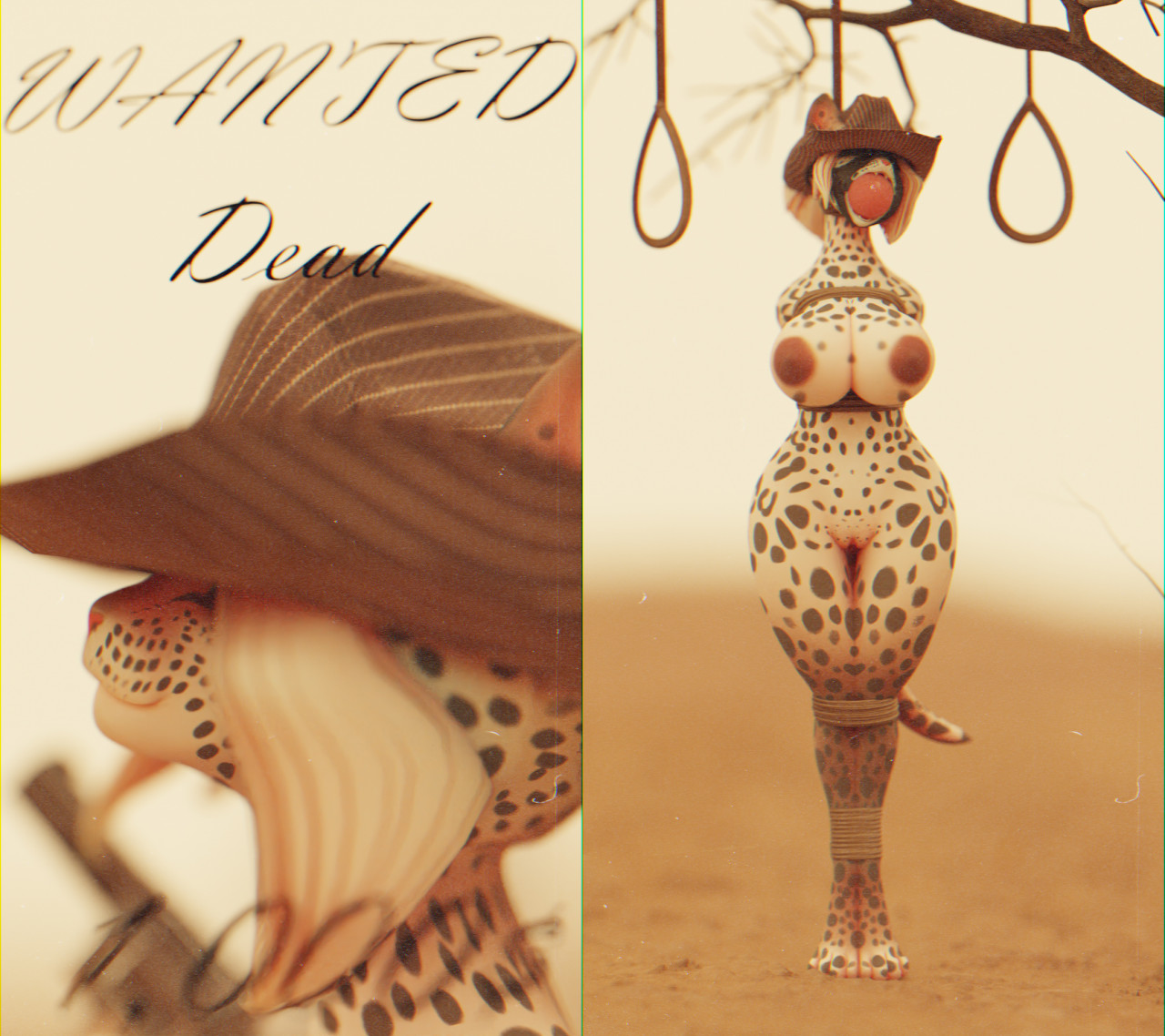 3d, 3d (artwork), anthro, anthro only, ball gag, blindfold, blindfolded, breasts, breasts out, dead, domestic cat, felid, feline, felis, furry, furry only, ghostoast, hanged, hanging, leopard, noose, wanted, wanted poster, 