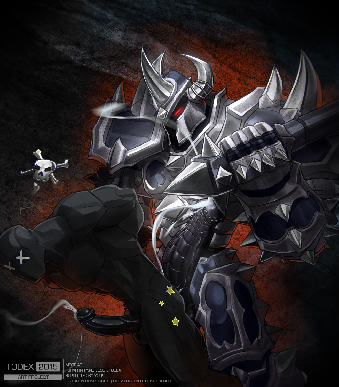 todex, league of legends, riot games, 2015, english text, hi res, text, url, watermark, armor, balls, big balls, big penis, bodily fluids, cum, cum in ass, cum inside, cum while penetrated, cumshot, death by penis, demon, duo, ejaculation, erection, genital fluids, genitals, glowing, glowing eyes, huge cock, humanoid, humanoid genitalia, humanoid penis, male, male/male, mordekaiser (lol), muscular, muscular male, pain stars, penetration, penile, penis, pull out, red eyes, video games, weapon, 