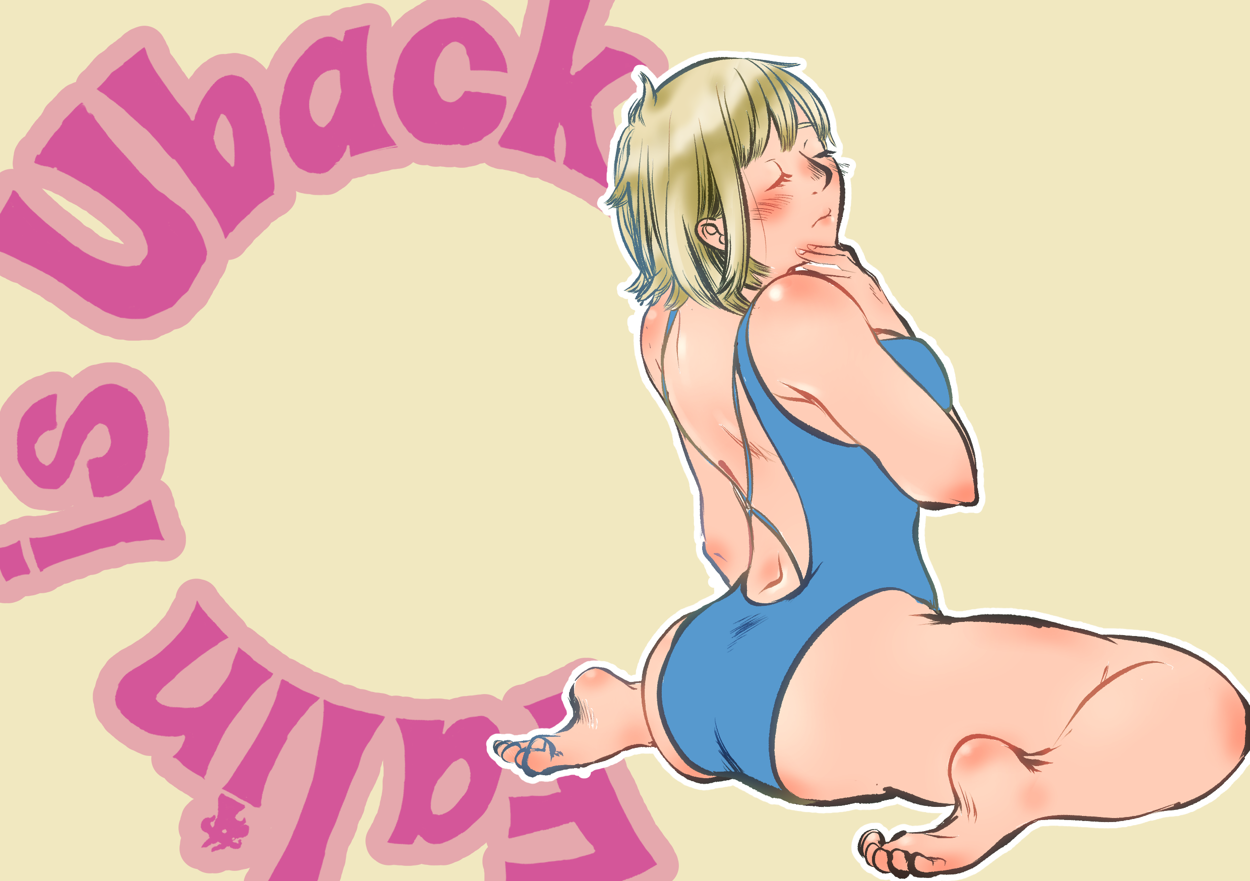 dungeon meshi, 1girls, ass, big ass, blonde hair, blush, closed eyes, falin thorden, feet, female, light-skinned female, medium hair, soles, solo, swimsuit, thick thighs, toes, zukka, 