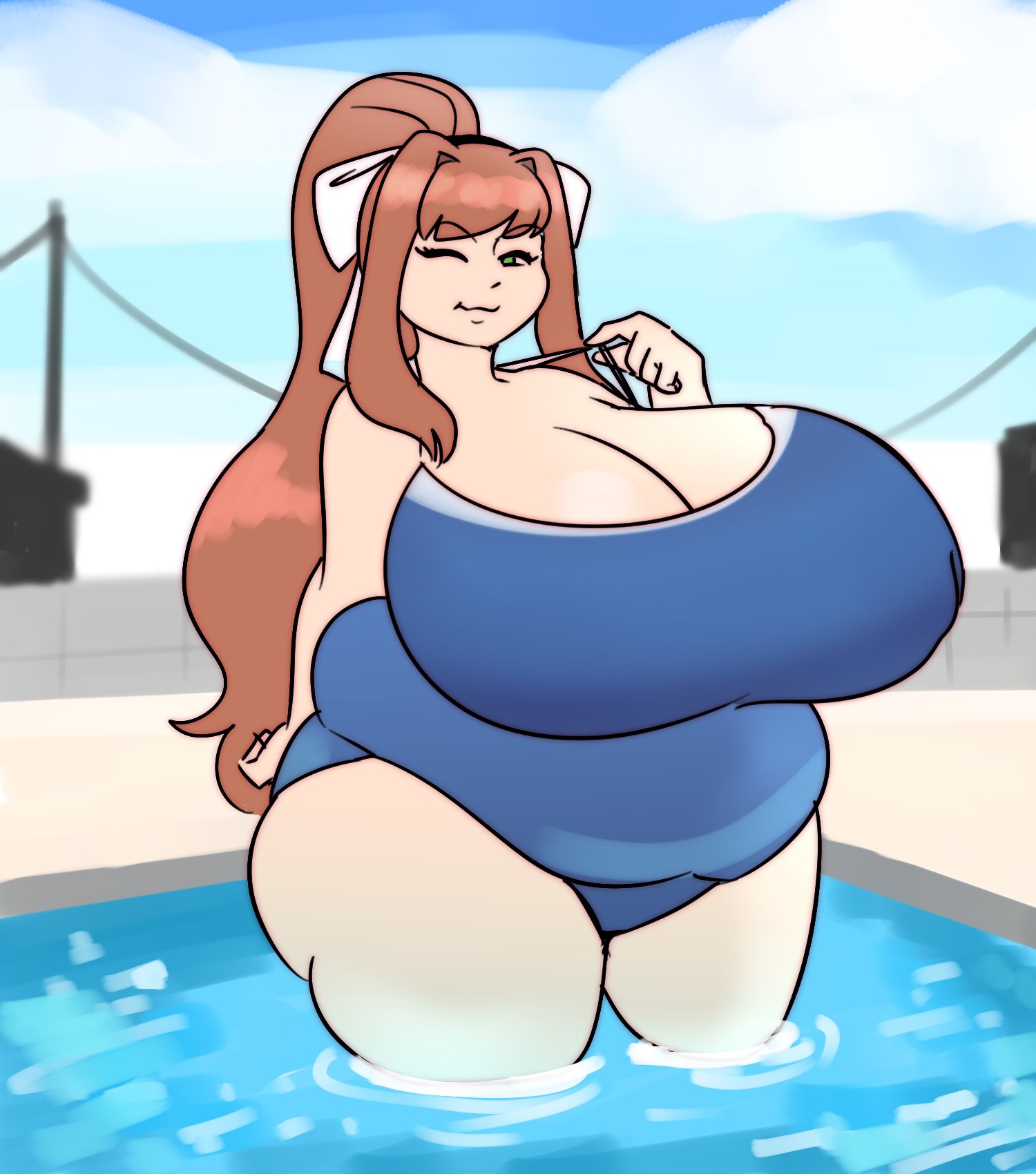 monika (doki doki literature club), doki doki literature club, 1girls, bbw, big belly, fat, flirting, huge breasts, looking at viewer, swimming pool, swimsuit, tease, wink, 
