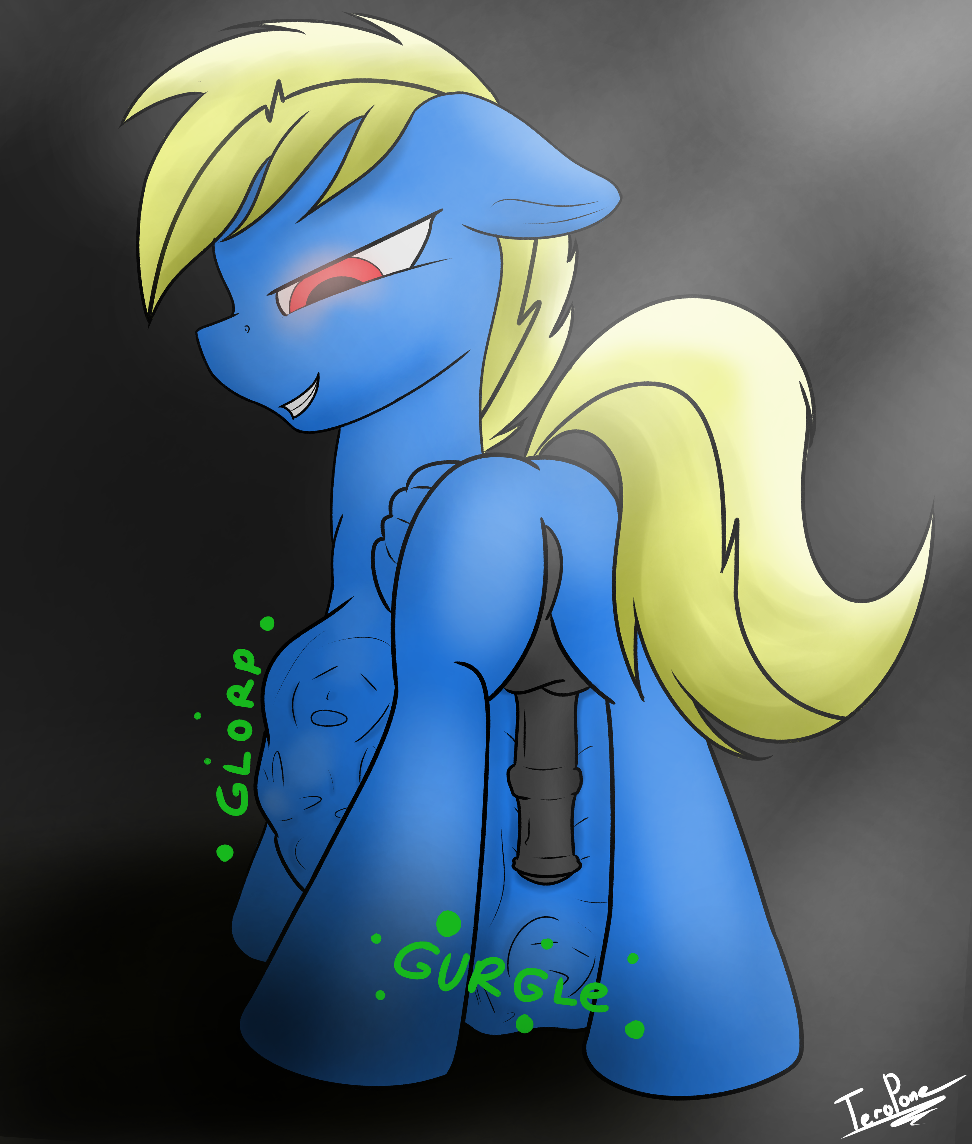 hasbro, my little pony, absurd res, digital media (artwork), hi res, sound effects, animal genitalia, animal penis, ass, balls, belly, big belly, blonde hair, blonde mane, blue body, dark penis, darkened genitalia, equid, equine, equine genitalia, equine penis, fan character, feral, feral pred, folded wings, genitals, glowing, glowing eyes, hair, half-closed eyes, horse, male, male pred, mammal, mane, narrowed eyes, pegasus, penis, pony, red eyes, rumbling stomach, smile, tail, teropone, thunder lightning (oc), vore, wings, yellow tail, 