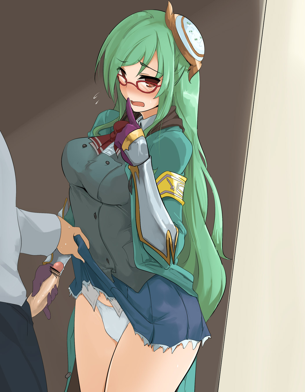 momio, censored, highres, =, armband, assisted exposure, blue skirt, blush, female, finger to mouth, flying sweatdrops, glasses, gloves, green hair, hair ornament, handjob, long hair, looking away, panties, penis, pleated skirt, purple gloves, red-framed glasses, red eyes, school uniform, skirt, skirt lift, solo focus, underwear, vambraces, very long hair, white panties, 