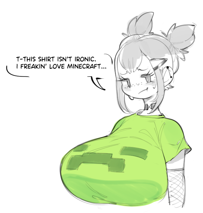 ass bangs blush blushing breasts bulumble-bee creeper ear_piercing embarrassed female fishnet_armwear fishnets hair huge_breasts looking_at_viewer minecraft piercing short_hair shy solo stuttering tagme talking_to_viewer