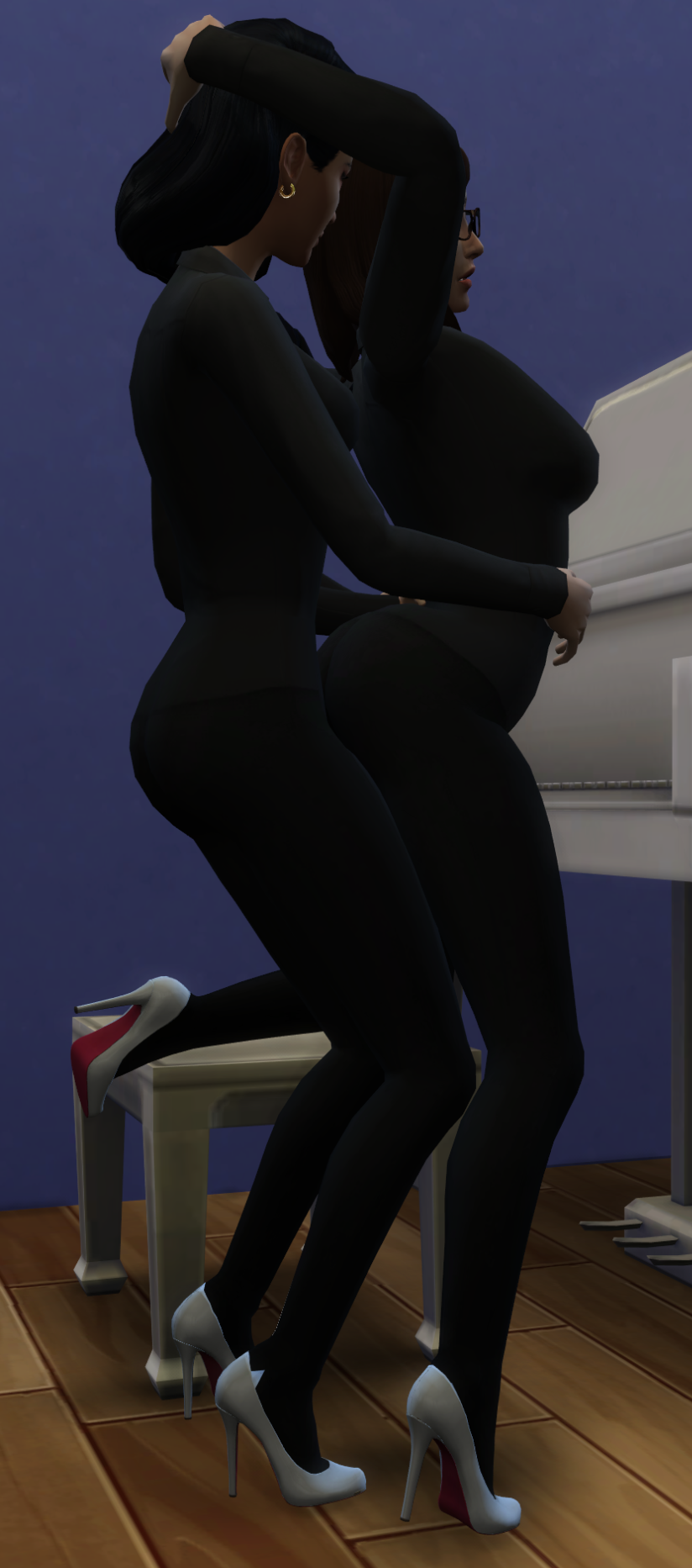 <b>the</b> <b>sims</b> <b>4</b>, 2girls, clothed sex, high heels, standing sex, strapless dildo