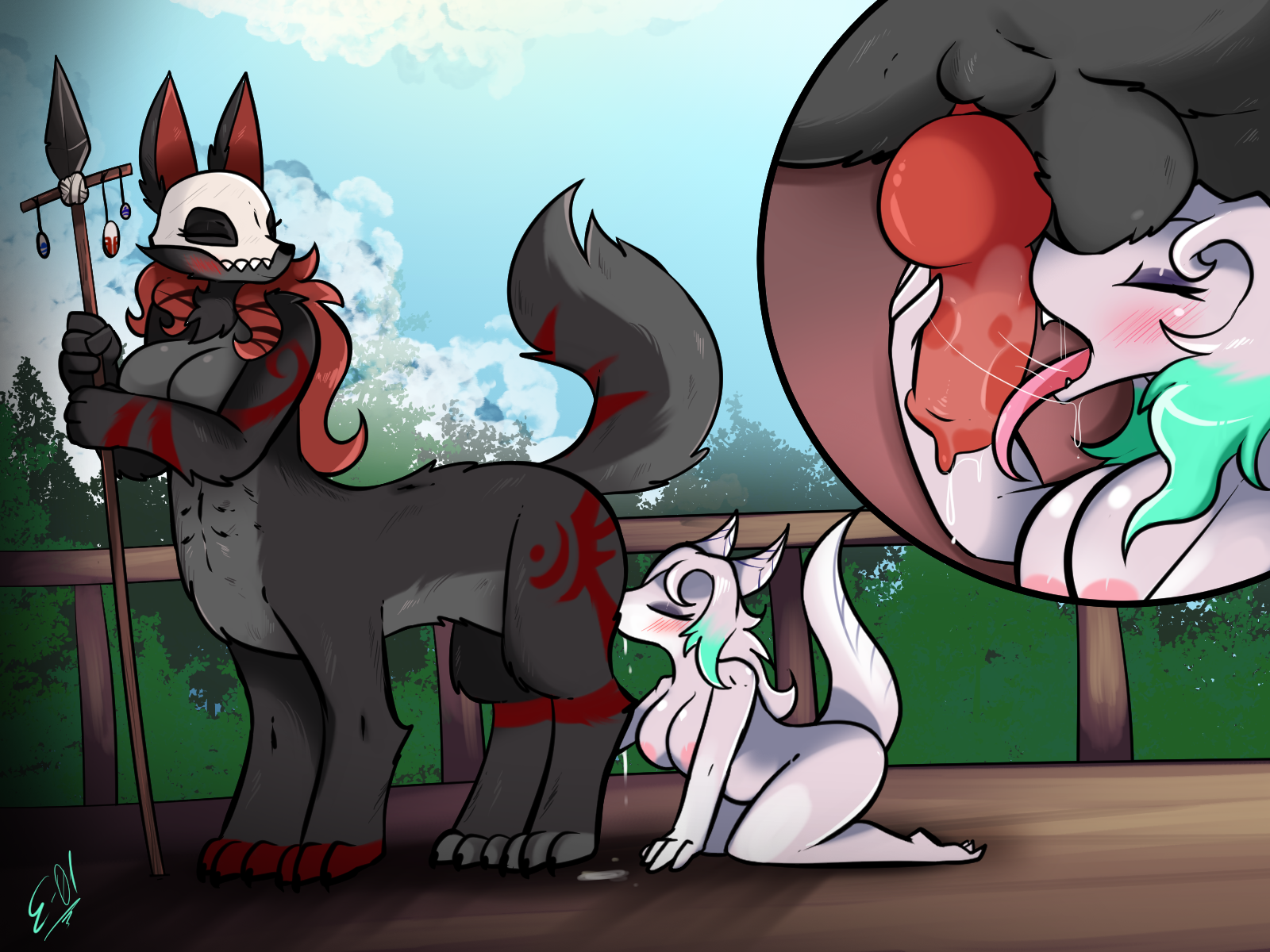 animal_genitalia animal_penis anthro areola balls big_breasts black_body black_nose blush bodily_fluids breasts canid canid_taur canine canine_genitalia canine_penis canine_taur canis claws closed_eyes cloud deidra_stormpaw digital_media_(artwork) dragon duo e-01 erection fellatio female fur futa/female futa_penetrating futanari genital_fluids genitals hair hi_res horn intersex intersex/female intersex_penetrating knot mammal mammal_taur mask multicolored_body mythological_creature mythological_scalie mythology nipples nude oral outside penetration penile penis red_hair scalie sex simple_background size_difference sky tail taur tongue tongue_out white_body wolf wolf_taur