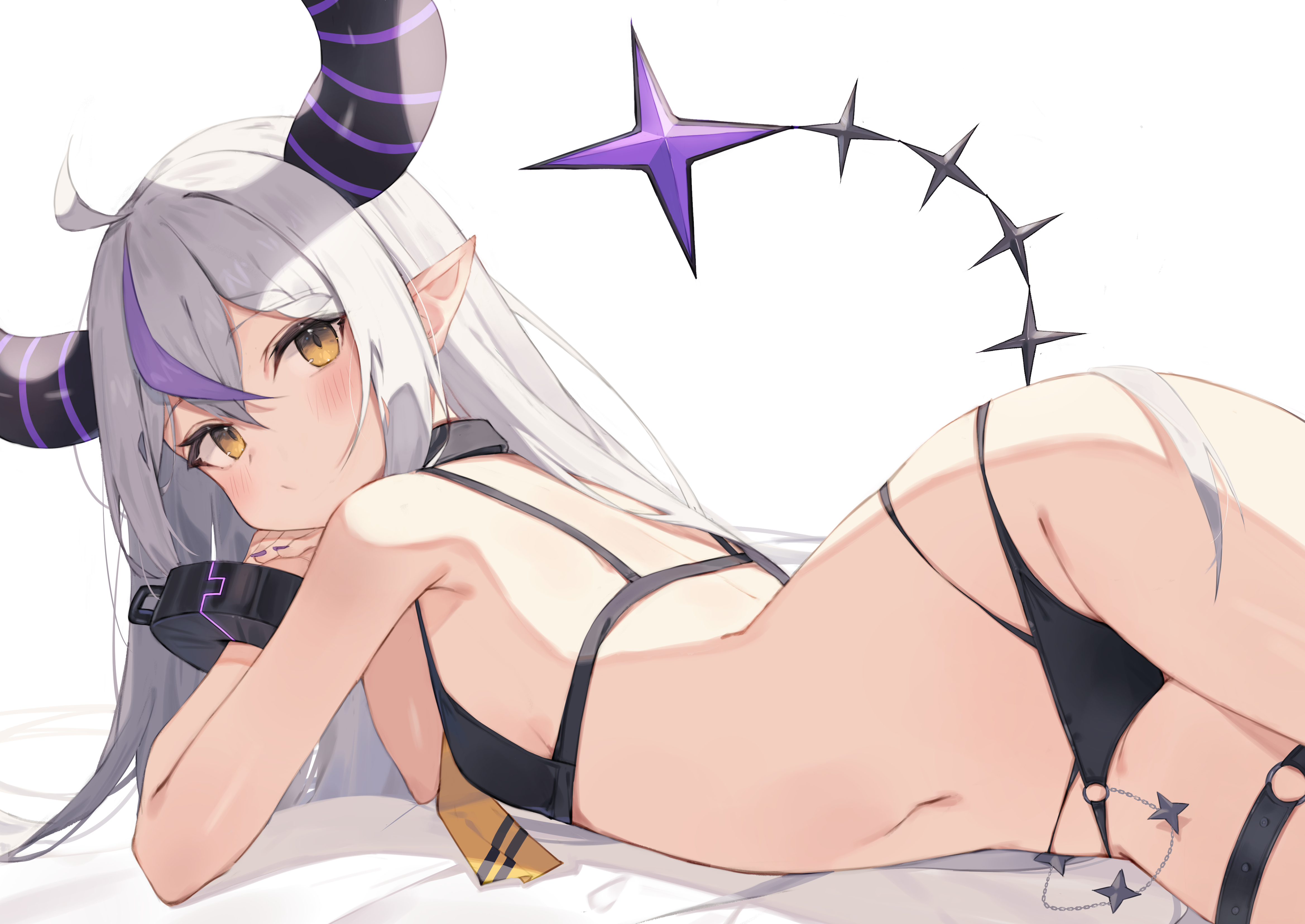 white background, ahoge, bangs, bikini, blush, demon horns, female, grey ha...
