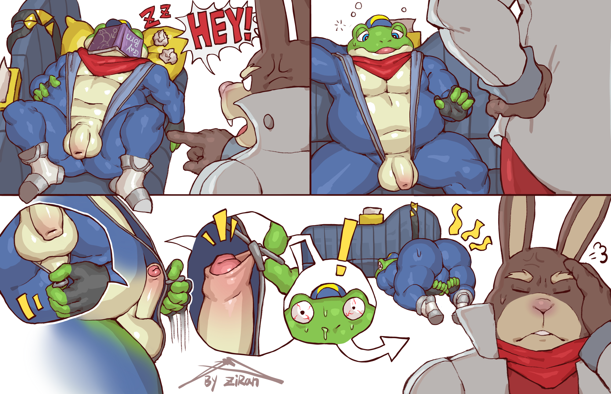 2024 amphibian anthro ass balls belly big_balls big_belly bodily_fluids bodysuit boots buckteeth bulge closed_eyes clothed clothing comic cross-popping_vein dialogue directional_arrow disappointed duo emanata english_text exclamation_point eyebrows flaccid footwear foreskin frog frown fur furniture genitals glans hi_res humanoid_genitalia humanoid_penis humor jacket kemono kerchief lagomorph leporid lying magazine male male_only mammal moobs multiple_scenes navel neckerchief nintendo on_back on_front on_sofa open_clothing open_jacket open_topwear overweight overweight_anthro overweight_male pain penis peppy_hare pillow porn_magazine pornography rabbit signature sitting skinsuit sleeping slippy_toad smile sofa sound_effects standing star_fox sweat teeth text tight_clothing tissue toad_(frog) topwear tuft uncircumcised unzipped vowelless vowelless_sound_effect yelling zi_ran zipper zipping_up zzz