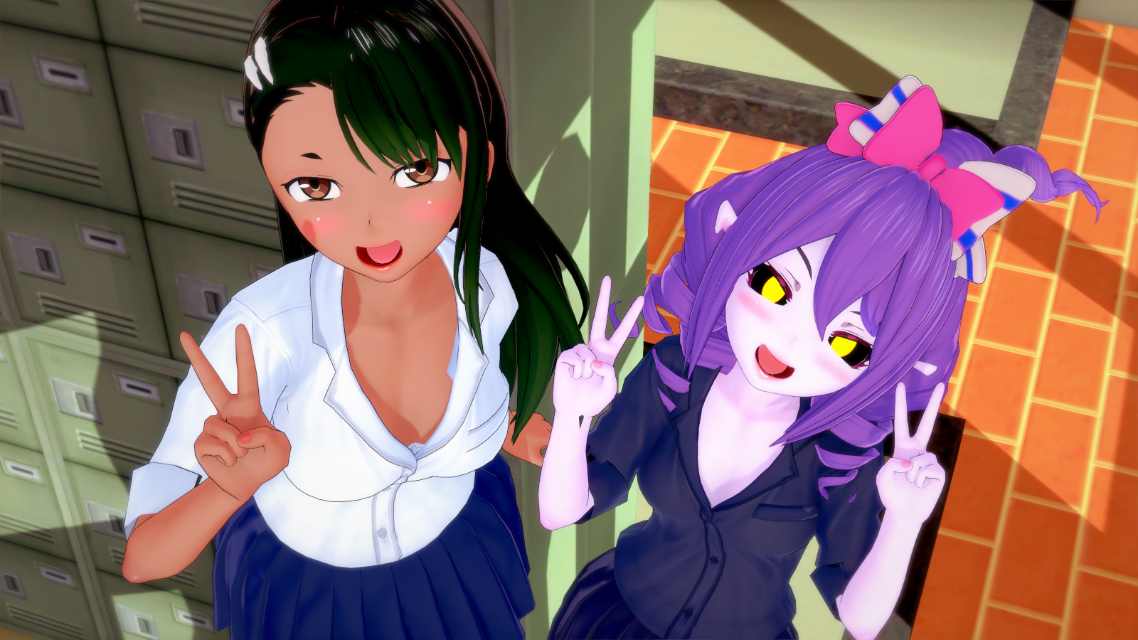 hayase nagatoro, musume, yuusha no kuse ni namaiki da, comic, comic page, hi res, pose, simple background, 2girls, black hair, breasts, brown eyes, cleavage, clothed, clothing, female focus, female only, hentai-slippers (artist), long hair, looking at viewer, medium breasts, medium hair, open mouth, peace sign, purple hair, purple skin, revealing clothes, school, smile, tan, tanned, yellow eyes, 
