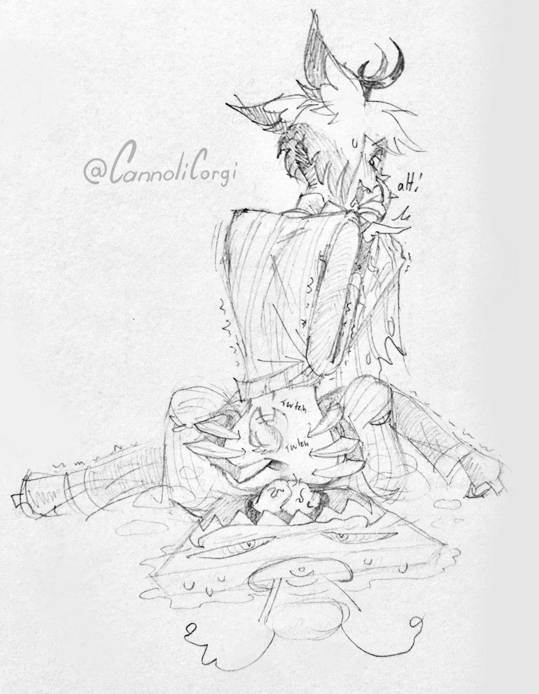 alastor (hazbin hotel), vox (hazbin hotel), hazbin hotel, sketch, blush, cannolicorgi, drooling, imminent oral, spread anus, spread ass, spread butt, tail, tailwag, tongue, tongue out, 
