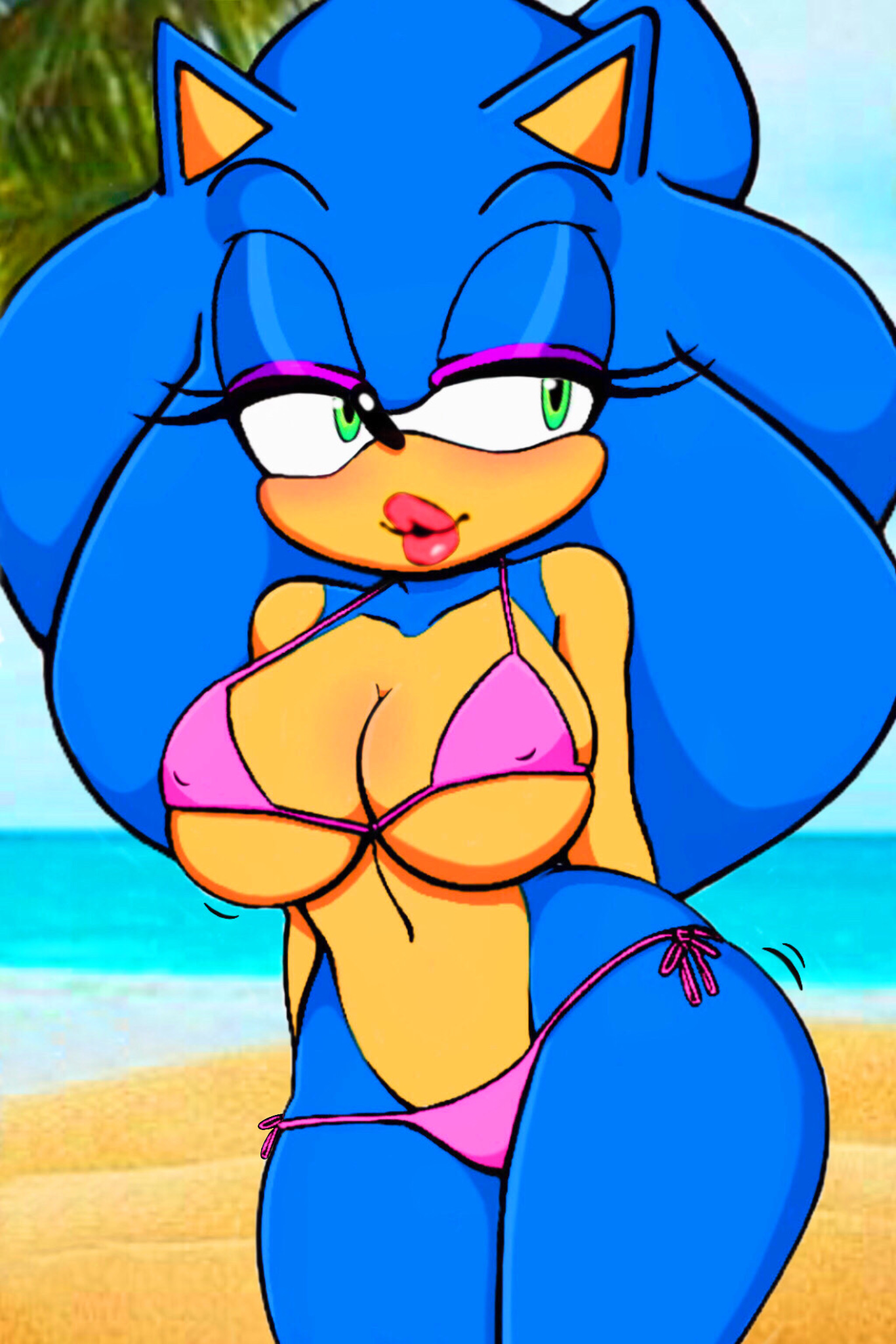 sonic the hedgehog, sonic (series), sonic the hedgehog (series), rule 63, after transformation, beach, bikini, bimbofication, bimbofied, curvy, fan edit, feminine pose, seductive, seductive look, seductive smile, voluptuous, 