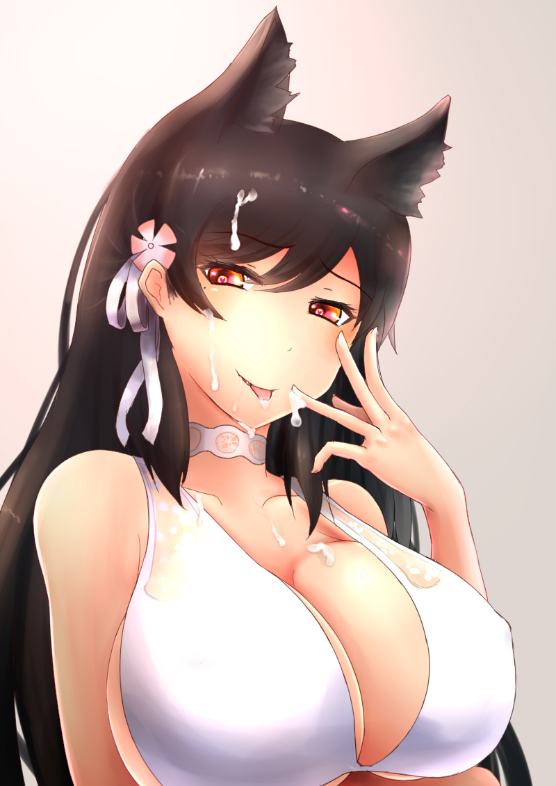 nawate (dij), atago (azur lane), azur lane, commentary request, animal ears, bikini top, breasts, choker, cum, cum on body, cum on hair, cum on upper body, facial, female, hair ribbon, heart, heart-shaped pupils, large breasts, looking at viewer, mole, mole under eye, red eyes, ribbon, symbol-shaped pupils, tongue, tongue out, white ribbon, 