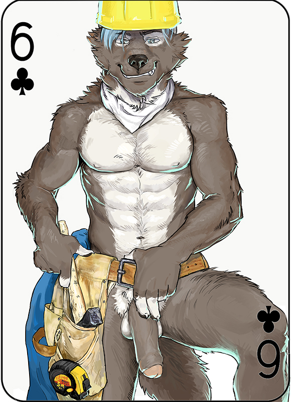 fonyaa, digital media (artwork), simple background, abs, anthro, armor, balls, biceps, canine, card, construction worker, foreskin, fur, hair, hammer, helmet, male, male only, mammal, muscular, muscular male, nude, pecs, penis, playing card, smile, solo, standing, teeth, tools, wolf, 