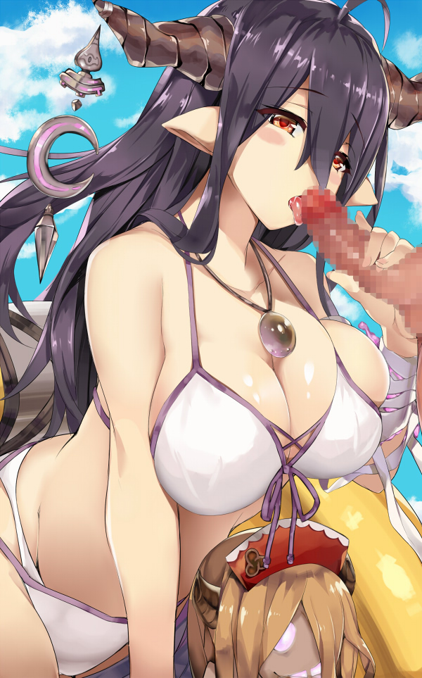 hidebuu, danua, granblue fantasy, censored, mosaic censoring, bandage, bikini, blush stickers, breast press, breasts, cloud, fellatio, female, horns, large breasts, looking at viewer, oral, penis, pointy ears, red eyes, sky, solo focus, swimsuit, tongue, tongue out, white bikini, white swimsuit, 