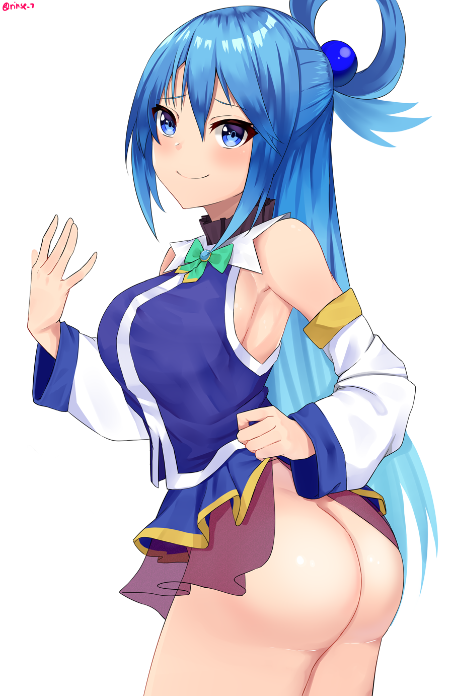 artist request, aqua (konosuba), kono subarashii sekai ni shukufuku wo!, ass, blue eyes, blue hair, female, female only, hair ornament, presenting ass, skirt lift, solo, 